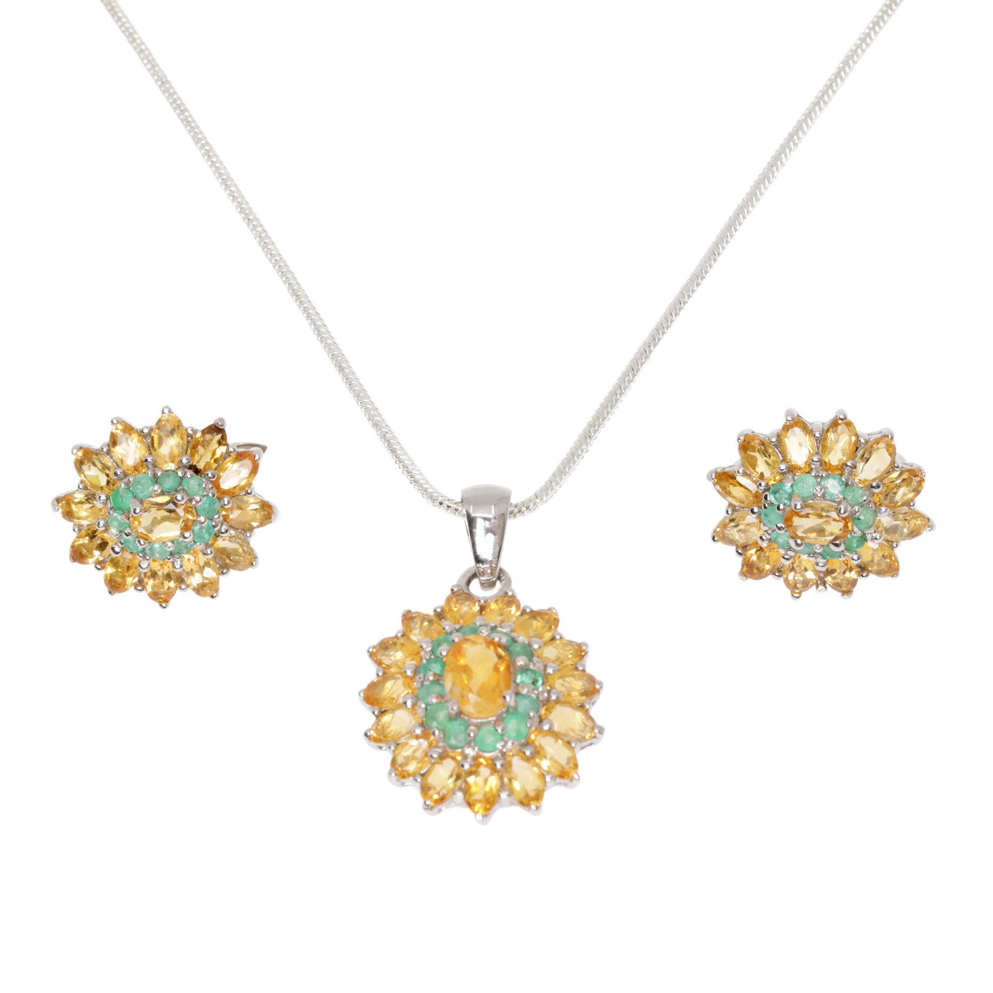Silver set, consisting of necklace with pendant and pair of earrings, decorated with citrines and emeralds