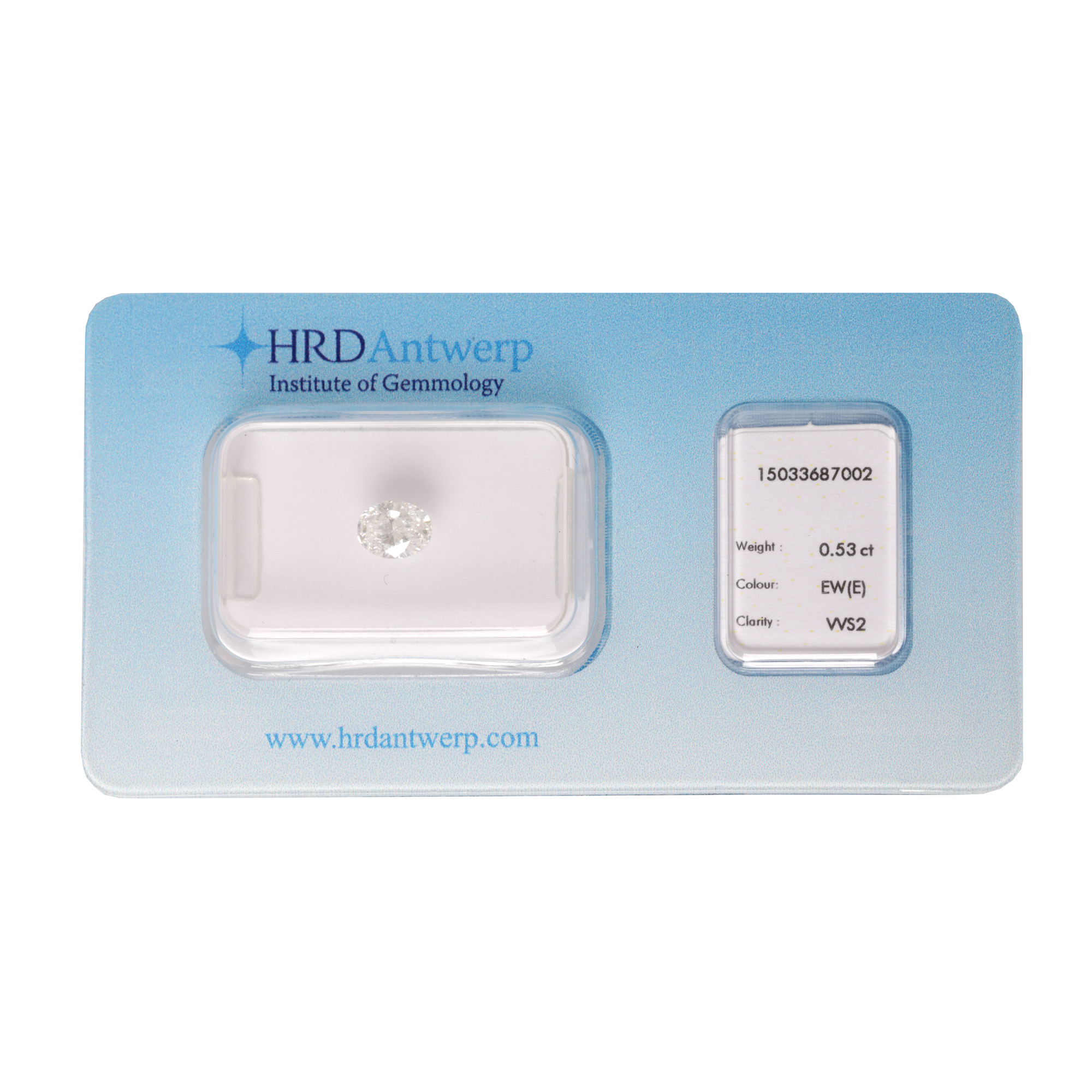 Oval faceted E color diamond, 0.53 ct., accompanied by HRD Antwerp certificate