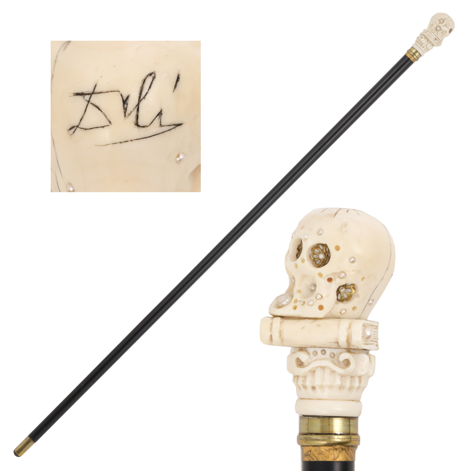 Wooden cane, decorated with an ivory skull head with pearls, signed "Dali", which possibly was made by or possibly belonged to Salvador Dali, second half of the 20th century.