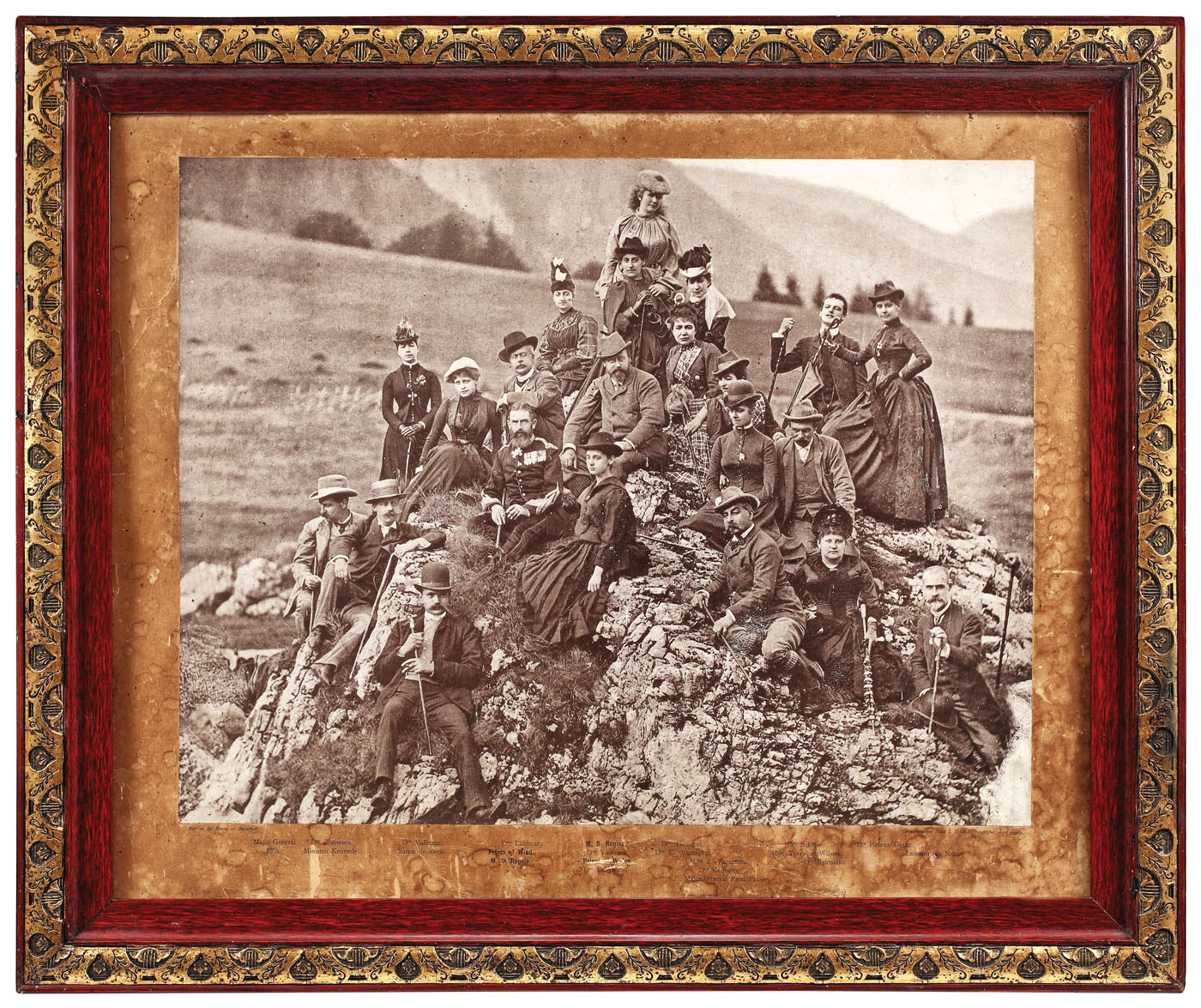 Photograph of the Royal Family, with the occasion of the visit to Sinaia of Albert Edward, Prince of Wales, the future King Edward VII, made in the "Queen Elisabeth" Meadow, by the photographer I. Jehalski (photographer of the Royal Court), 1888