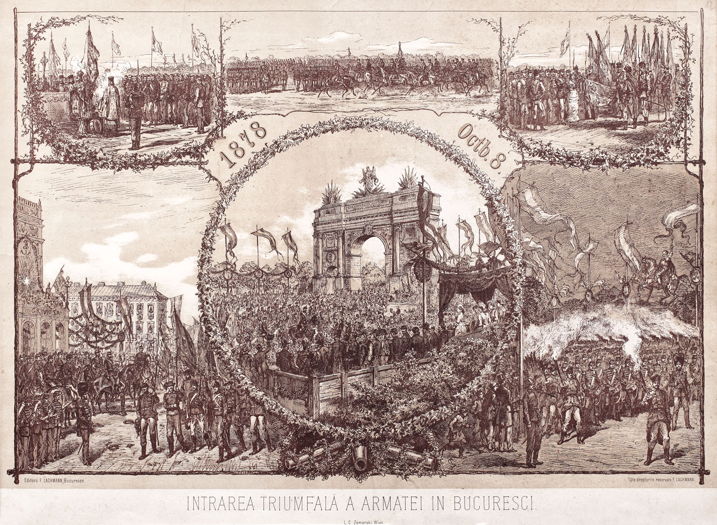"Intrarea triumfală a Armatei Române în Bucuresci la întoarcerea din Războiul de Independenţă, la data de 8 Octombrie 1878"