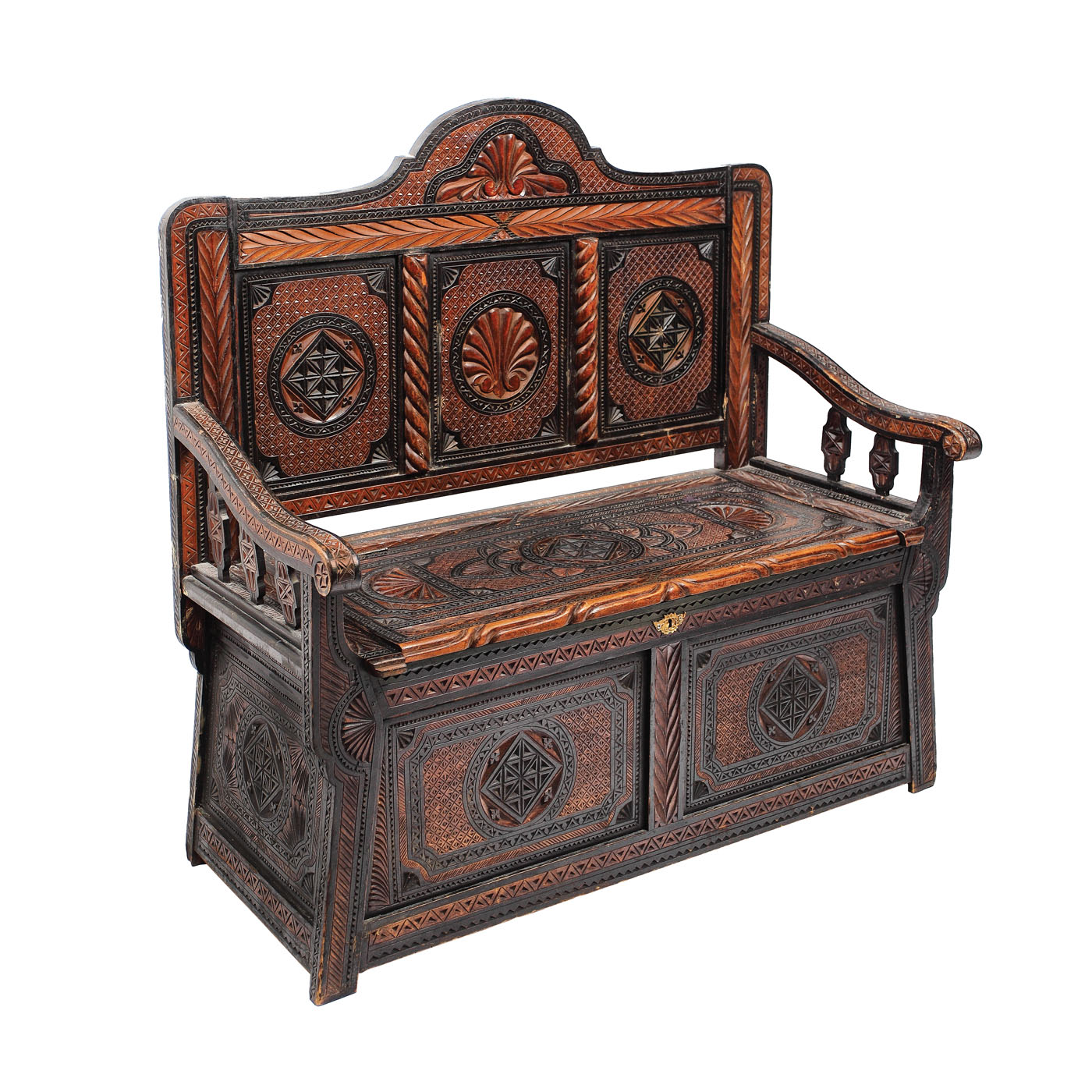 Banchetă tip laviță (cu ladă de zestre), decorată în stil Neo-Românesc, începutul sec. XX