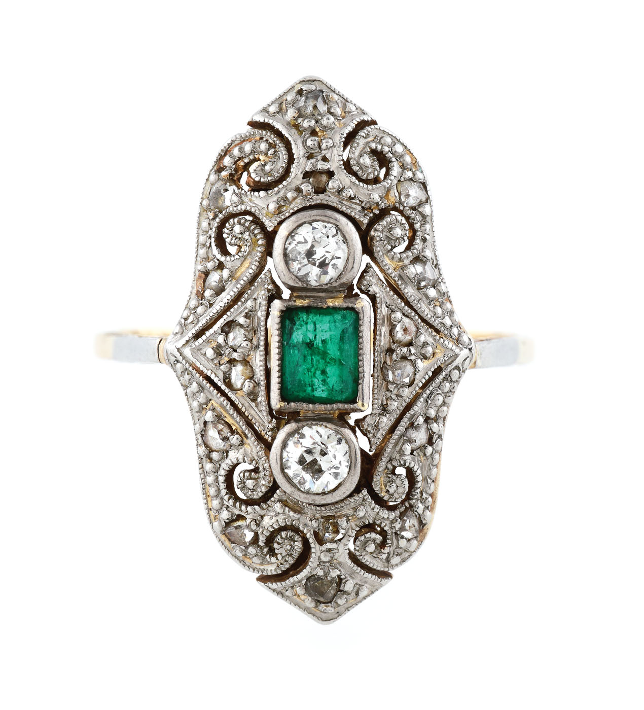 Inel Art Deco din platină și aur, decorat cu diamante și smarald