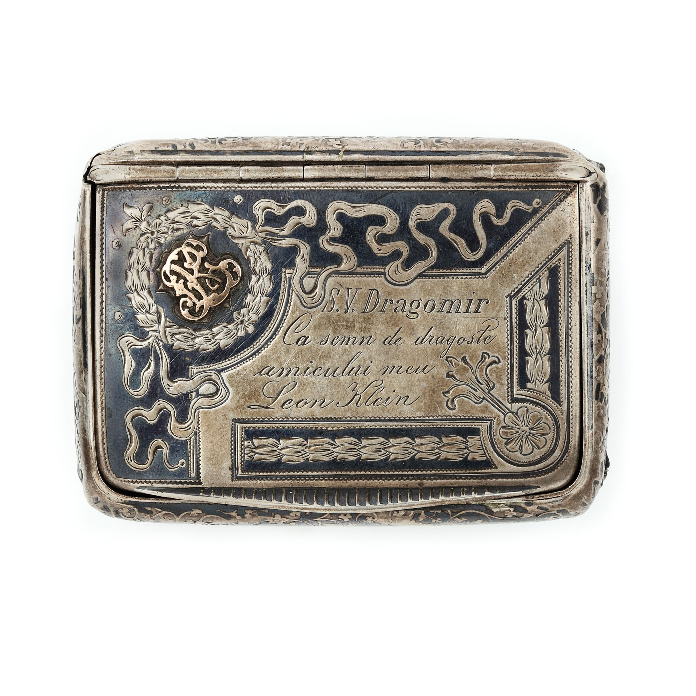 Silver tobacco box decorated with gold monogram, engraved "S.V. Dragomir, ca semn de dragoste amicului meu Leon Klein"/"S.V. Dragomir, as a token of love for my friend Leon Klein", late 19th century