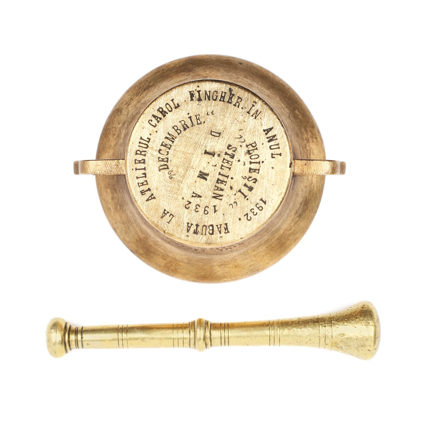 Mojar cu pistil, din bronz, purtând reclama lăcătușului Stelian Dima, Ploiești, 1932