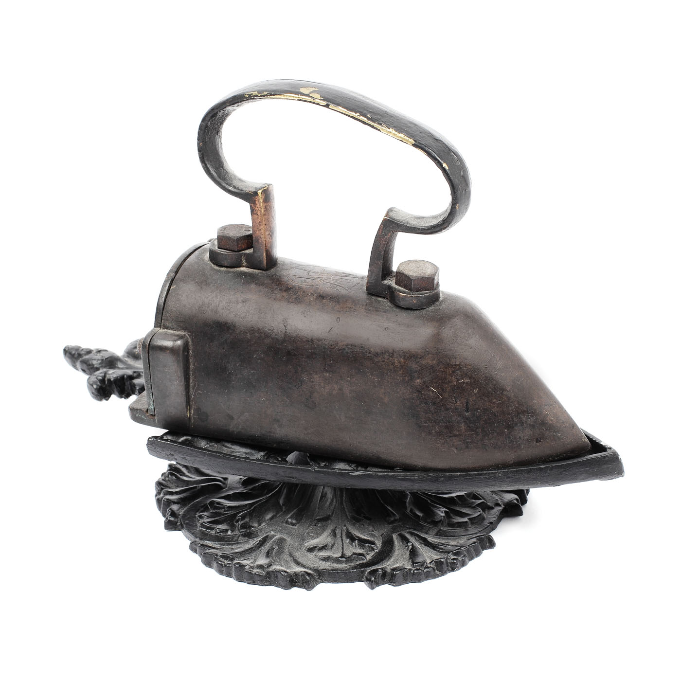 Bronze clothes iron, with MS monogram, dated 1895