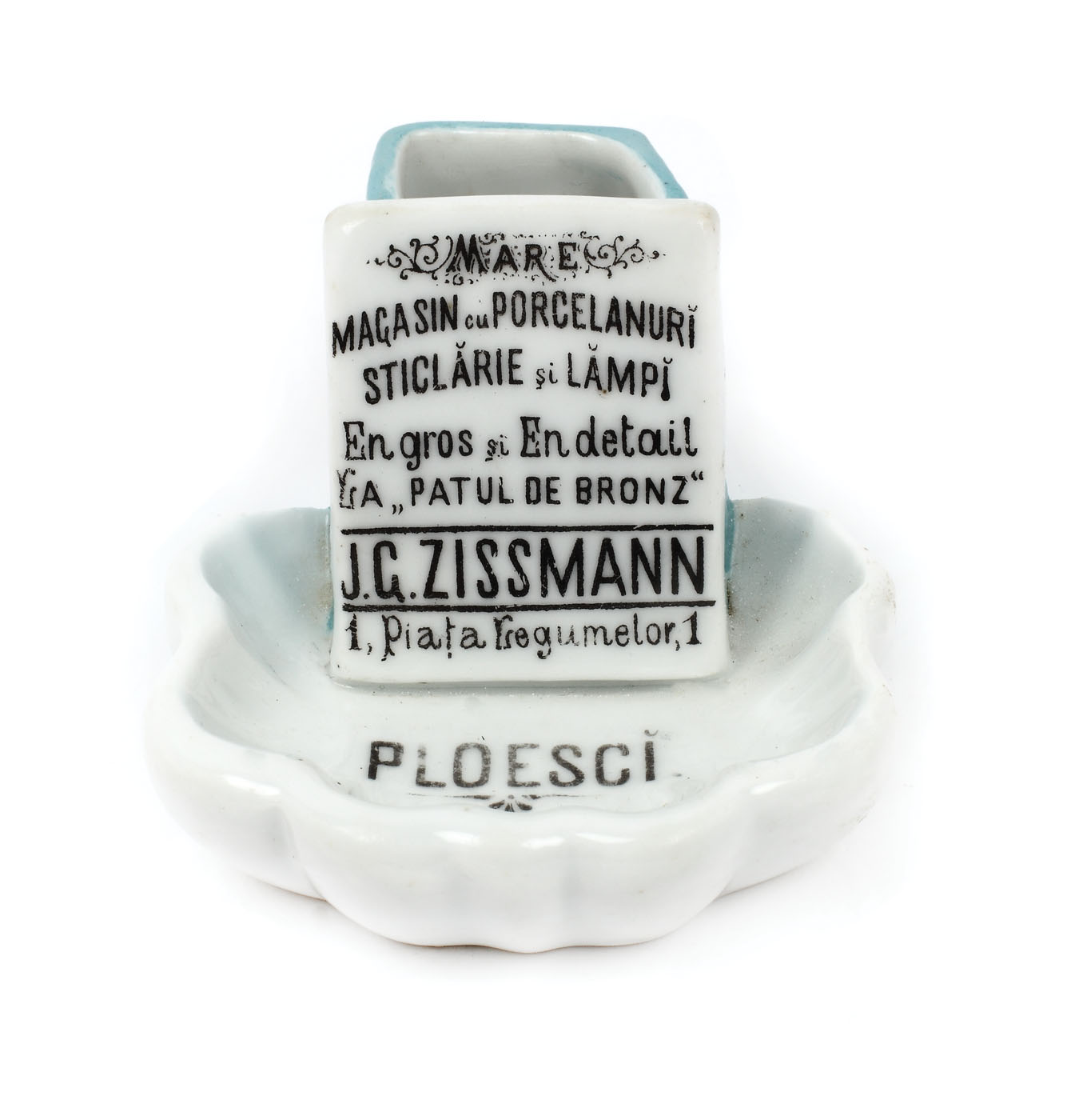 Porcelain vide-poche, advertising the store "Patul de bronz", Josef Zissmann in Ploiești