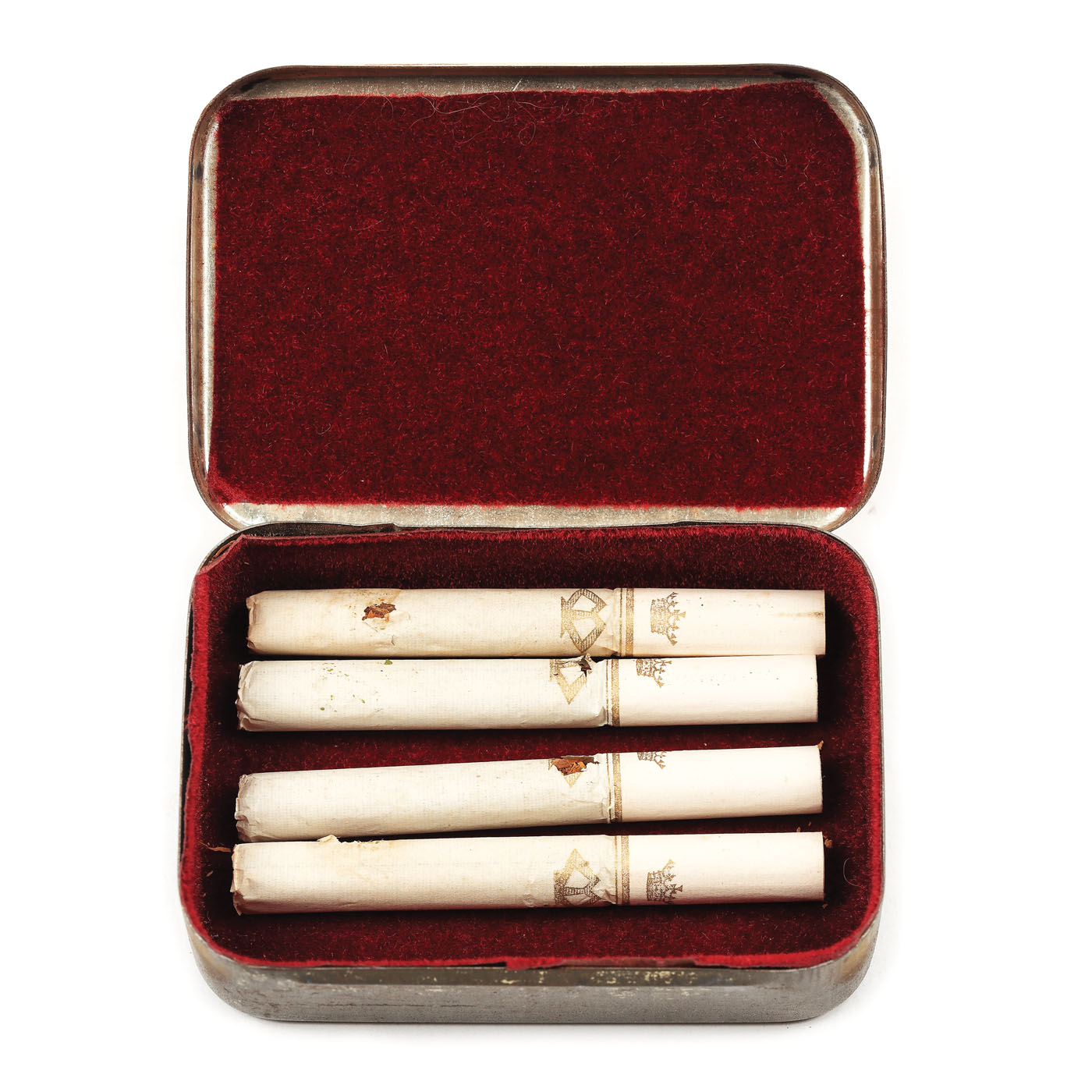 Cigarette case with cigarettes made for Queen Marie, gifted to Diddo (Edith Greer), the governess of Princess Ileana's children, 1938, collectible