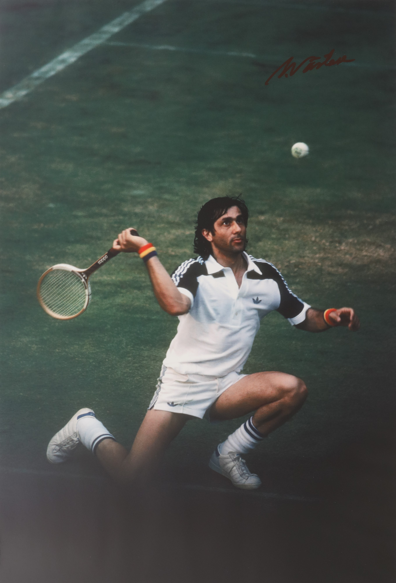 Fotografie reprezentându-l pe Ilie Năstase, în genunchi la Wimbledon 1980, cu semnătura olografă a acestuia