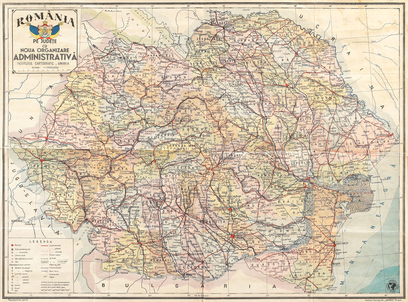 Harta României Mari, cu noua organizare administrativă pe judeţe,1922