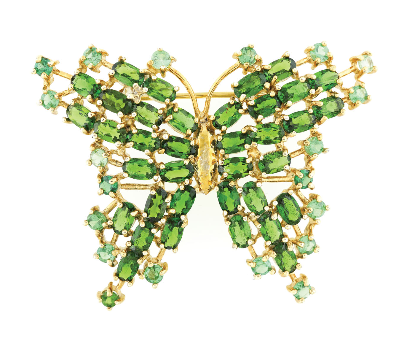 Broșă din argint aurit, în formă de fluture, decorată cu crom diopside și tsavorite