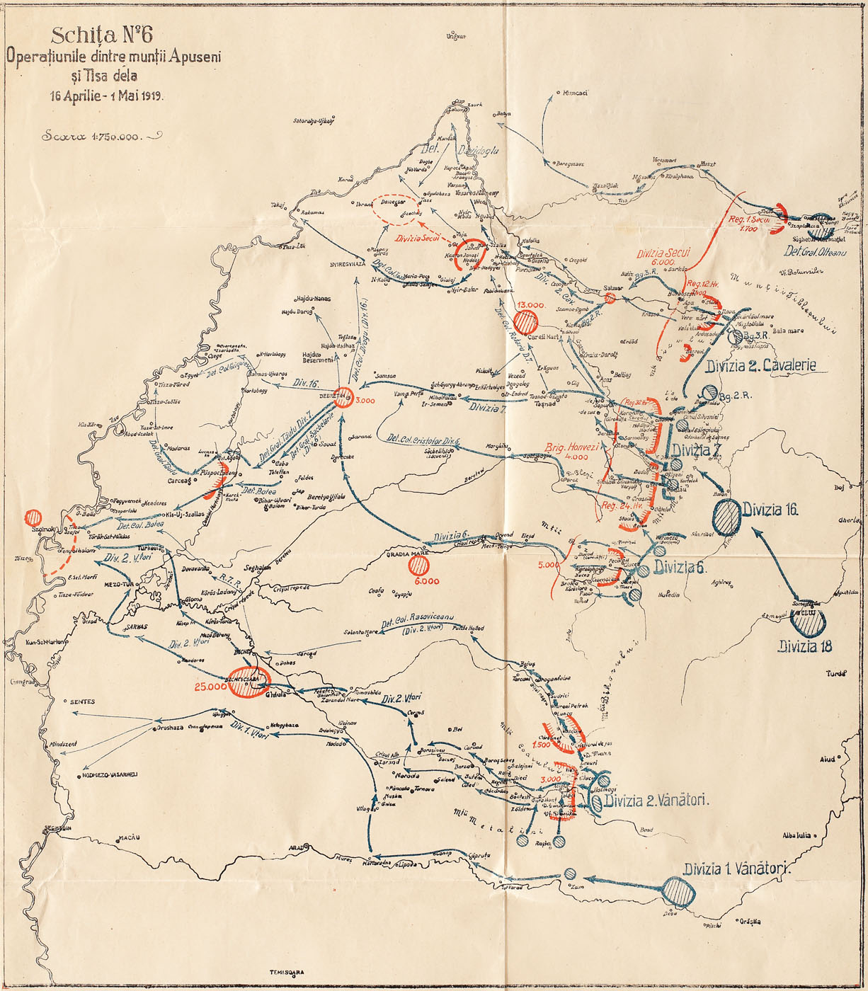 Harta operaţiunilor militare între munţii Apuseni şi Tisa de la 16 aprilie - 1 mai 1919