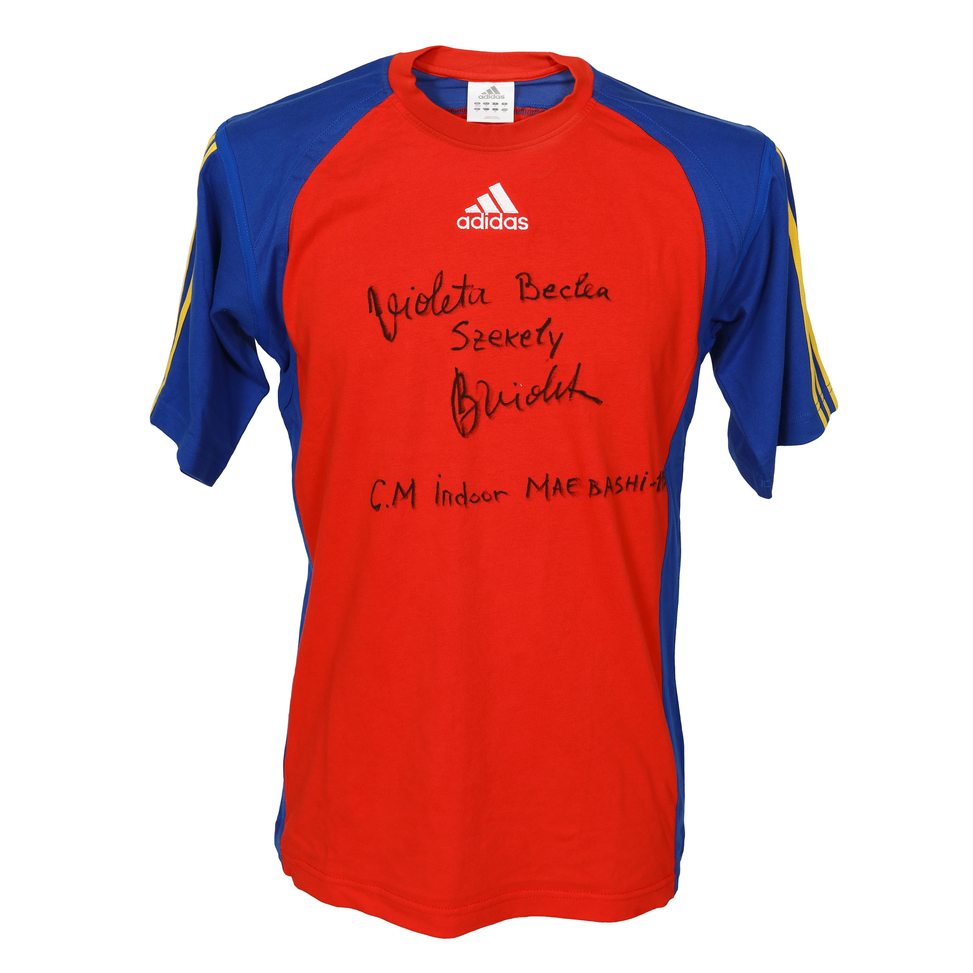 Tricou ce a aparținut sportivei Violeta Beclea, utilizat în cadrul Campionatului Mondial Indoor  de la Maebashi, Japonia, 1999, cu semnătura olografă a sportivei