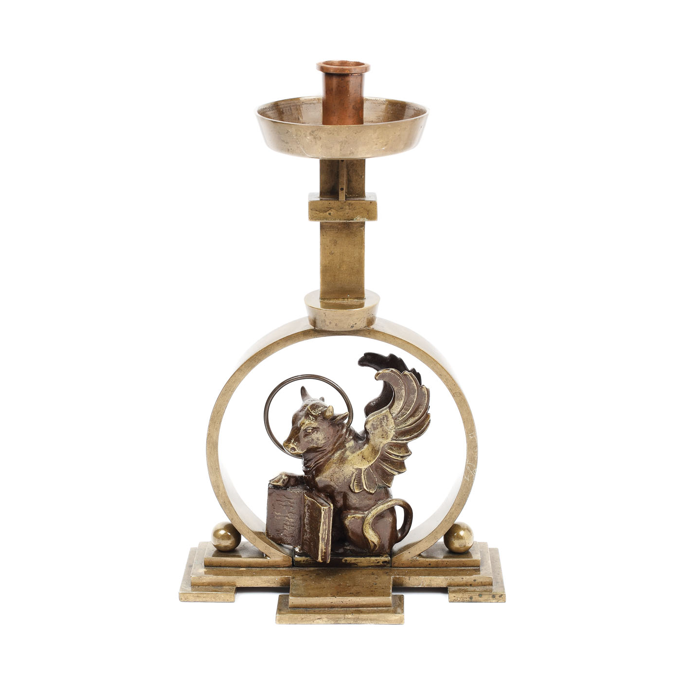 Sfeșnic Art Deco din bronz, decorat cu simbolul evanghelistului Luca, anii 1930