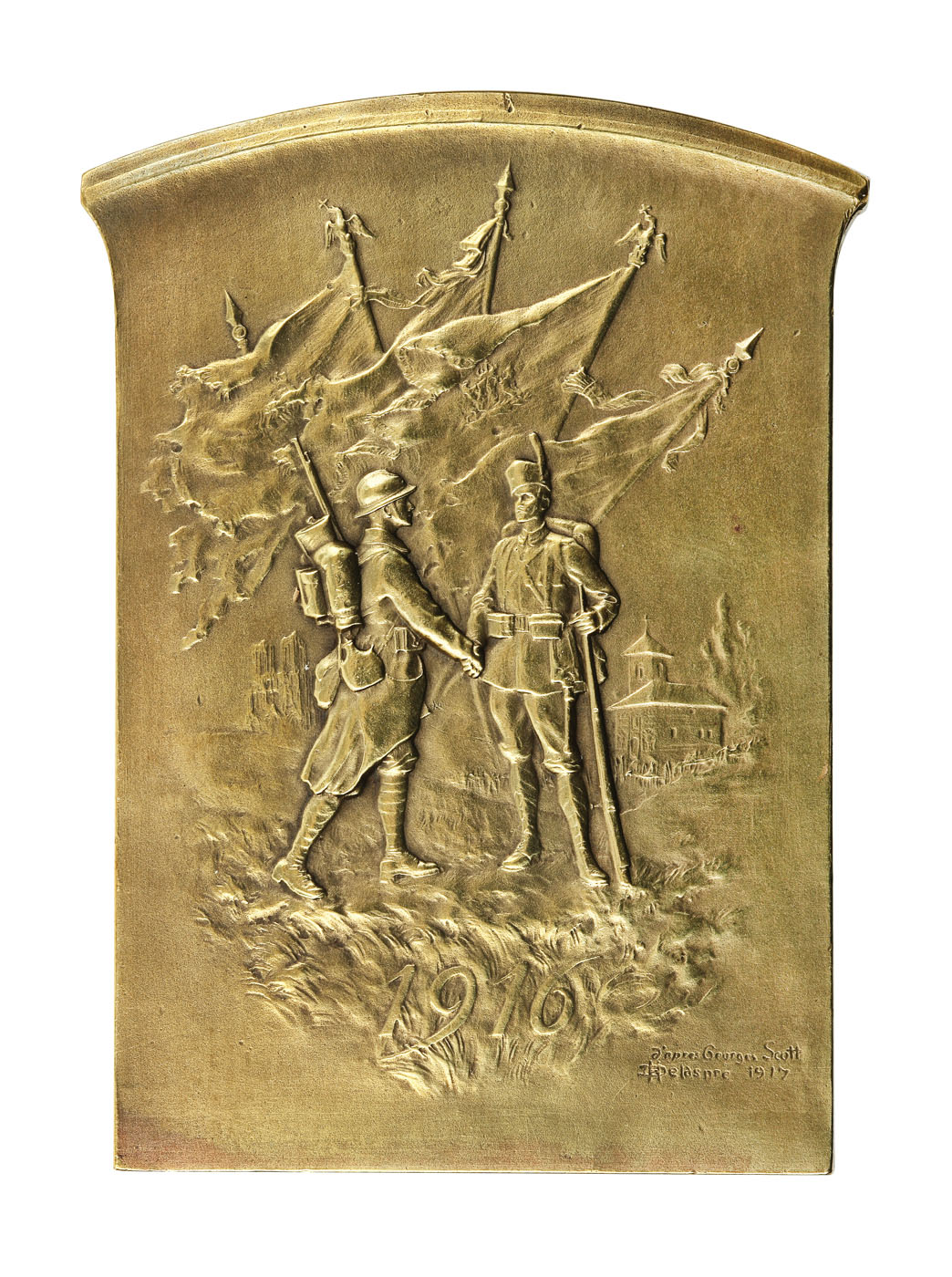 Plachetă "Alianţa româno-franceză", sculptată de Henri Delaspré după desenul pictorului Georges Scott, 1917