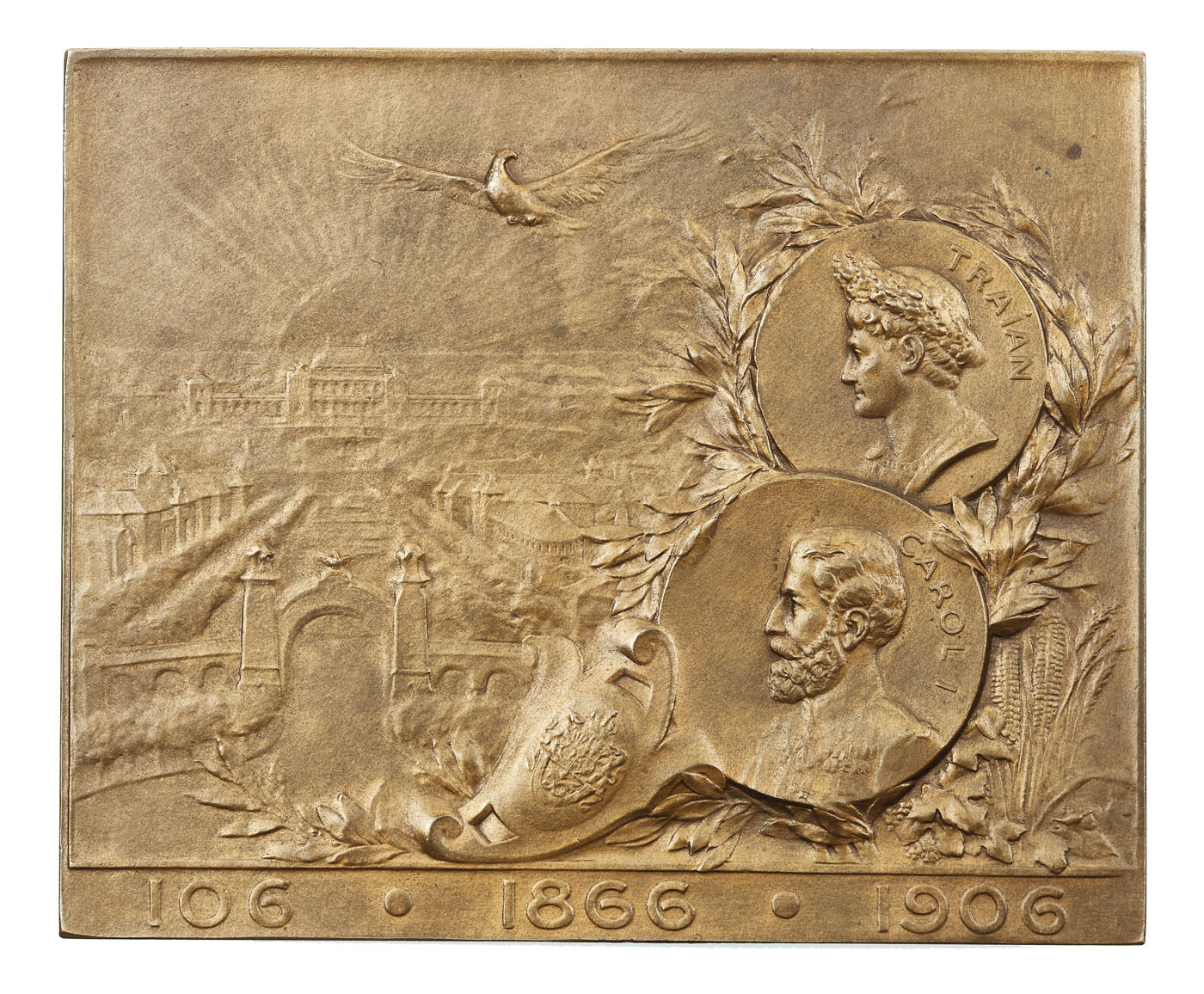 Placheta "Regele veghează, România înflorește", sculptată de Louis Stelmans, 1906