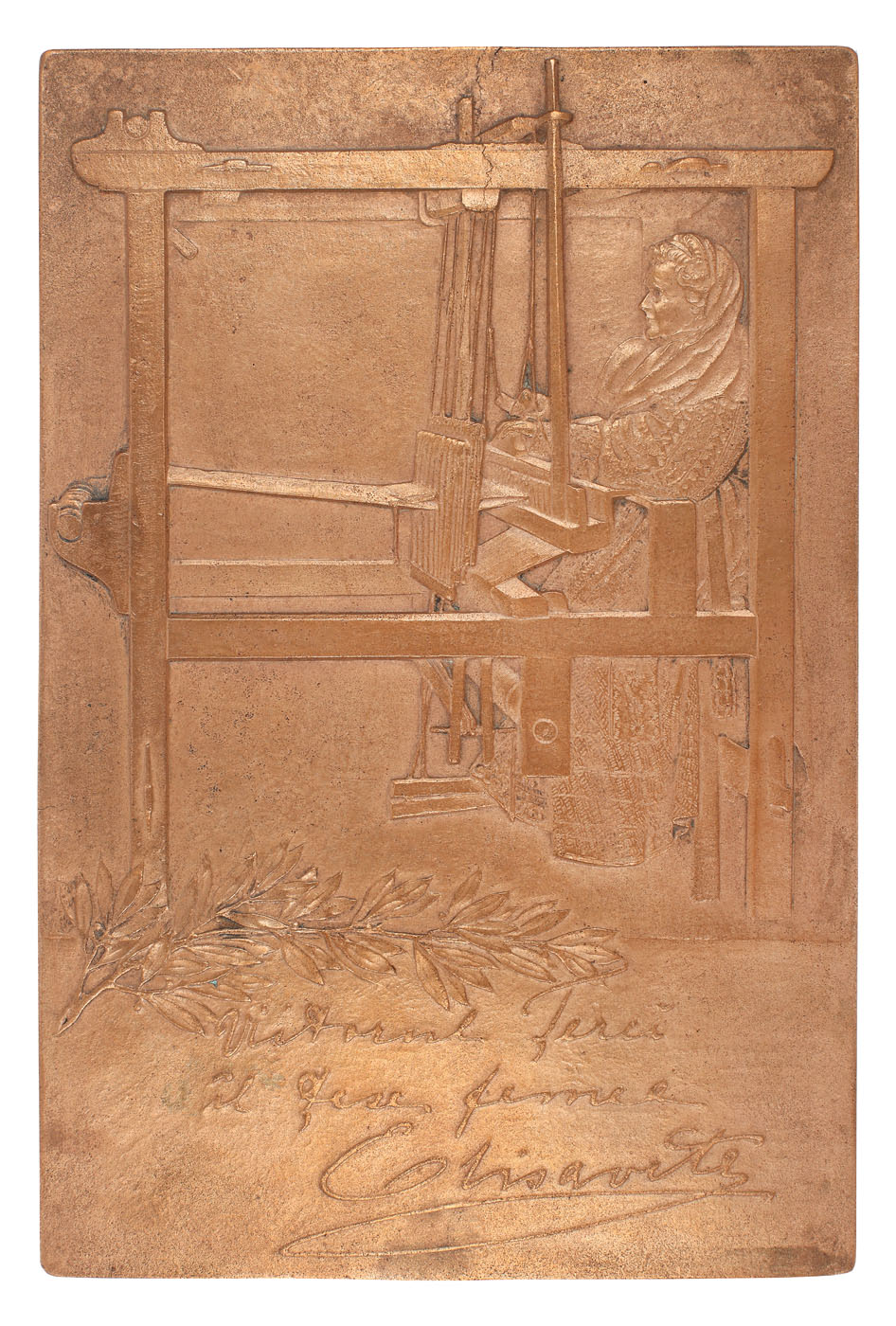 Plachetă ”Viitorul țerei îl țese femeia”, reprezentând-o pe Regina Elisabeta la războiul de ţesut, cca. 1910