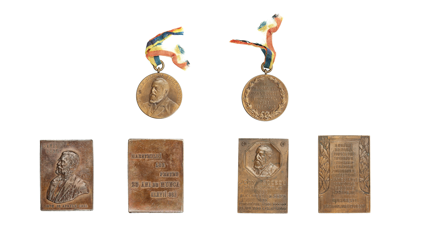 Lot consisting of a medal and 2 plates dedicated to the Romanian editors and typographers of the 20th century Carol Göbl and Ioan Socecu