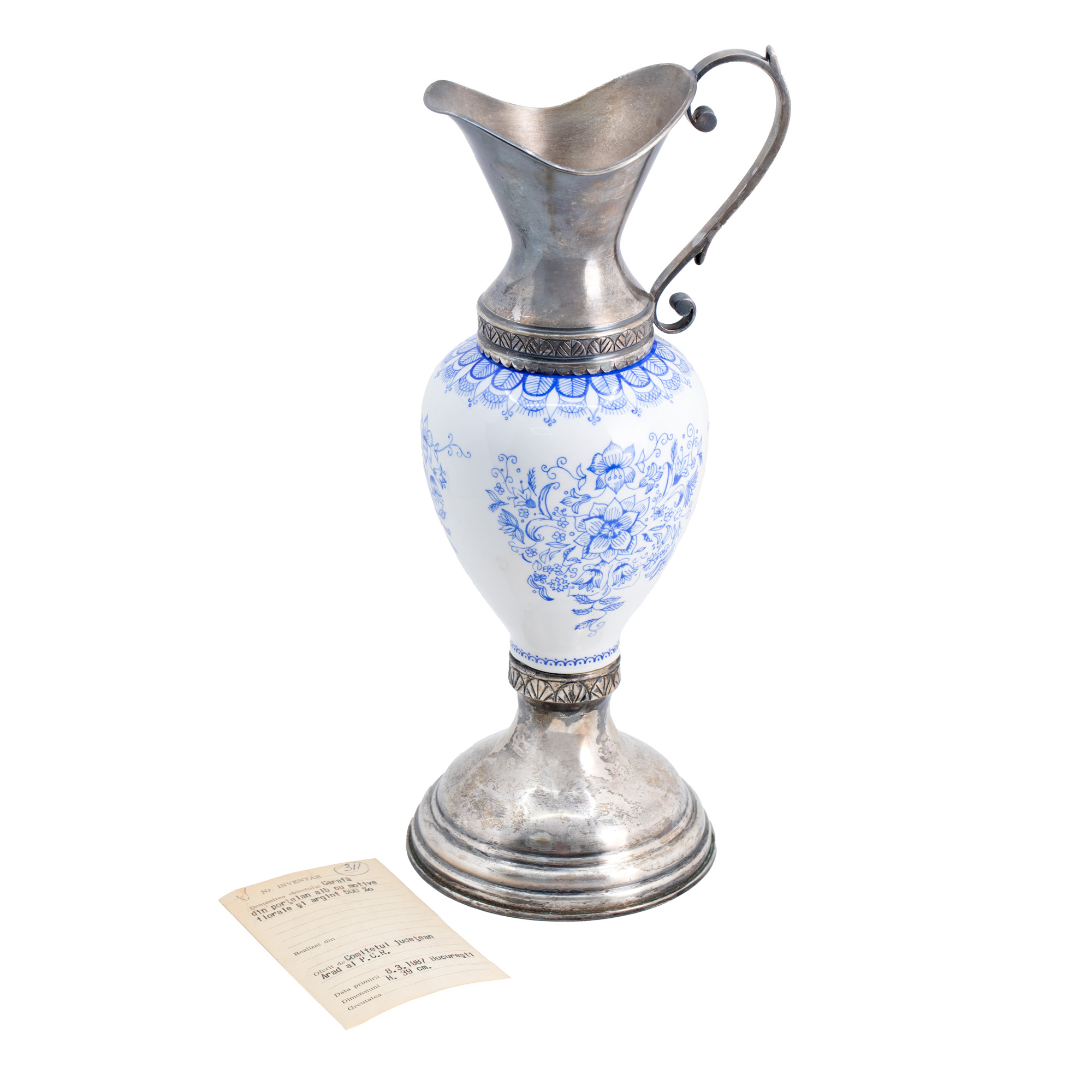 Large silver and painted porcelain carafe, decorated the Spring Palace, gift from the Arad County Committee for Nicolae Ceaușescu, 1987, accompanied by R.A.A.P.P.S certificate