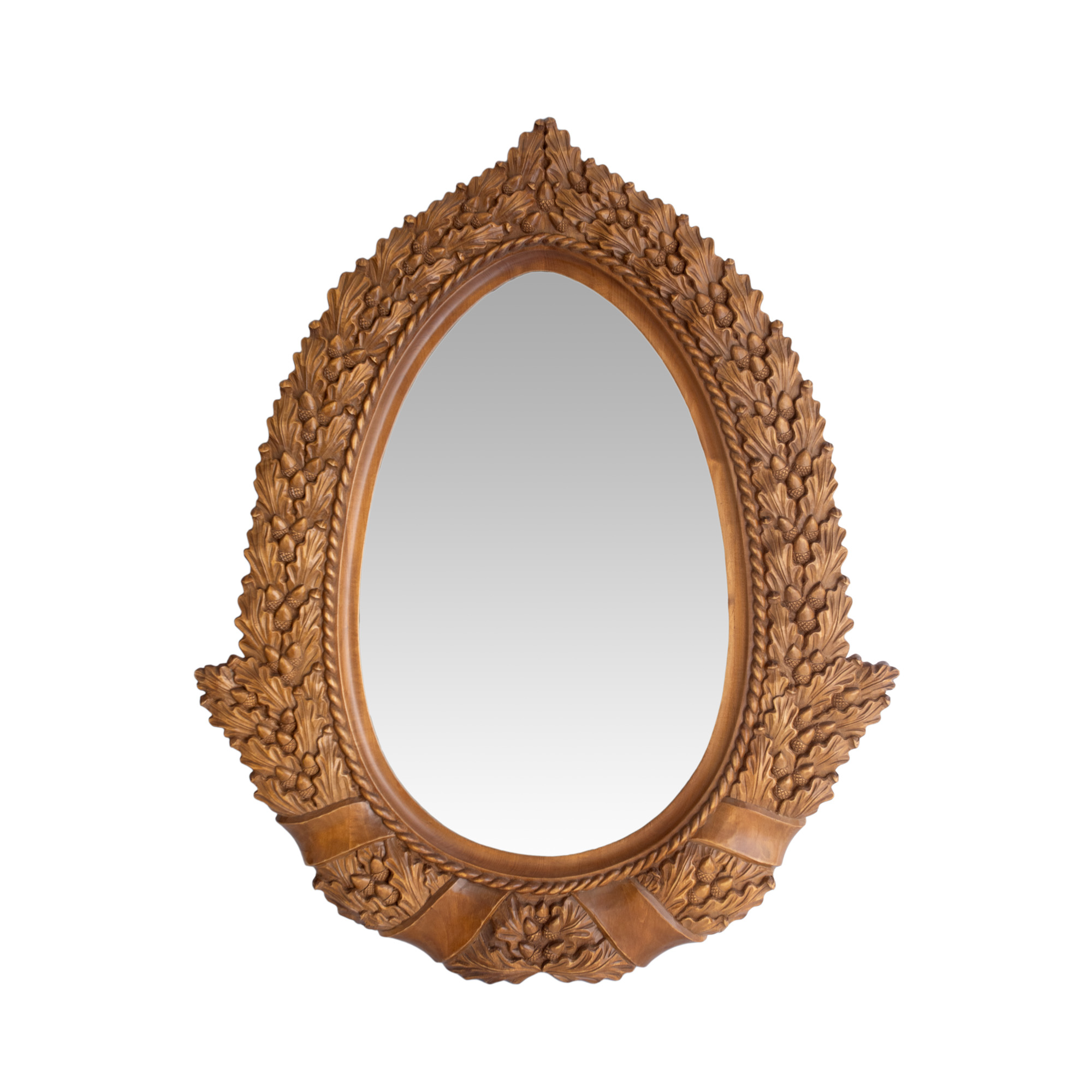 Monumental mirror, in the shape of the R.S.R. coat of arms, carved wood with oak leaves and acorns, gift from C.P.L. Sighet for Nicolae Ceaușescu, 1980s, accompanied by R.A.A.P.P.S certificate