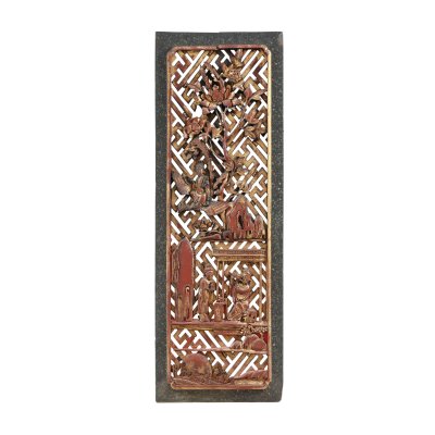 Exotic wood decorative panel, illustrating a temple, Tibet, first half of the 20th century