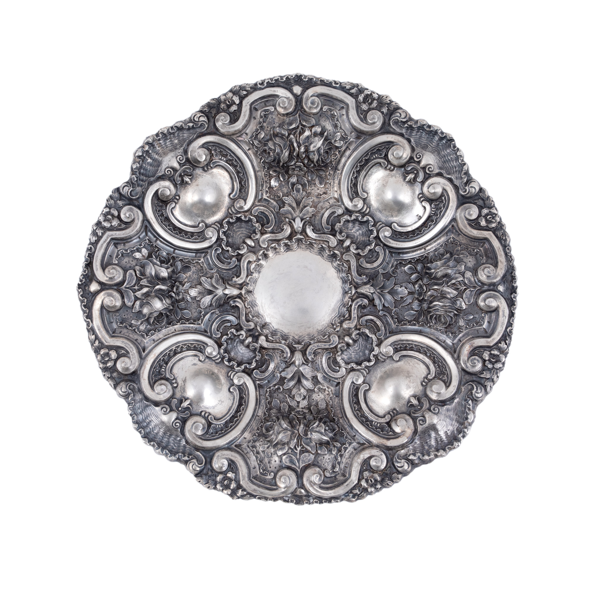 Silver fruit bowl, decorated with floral motifs
