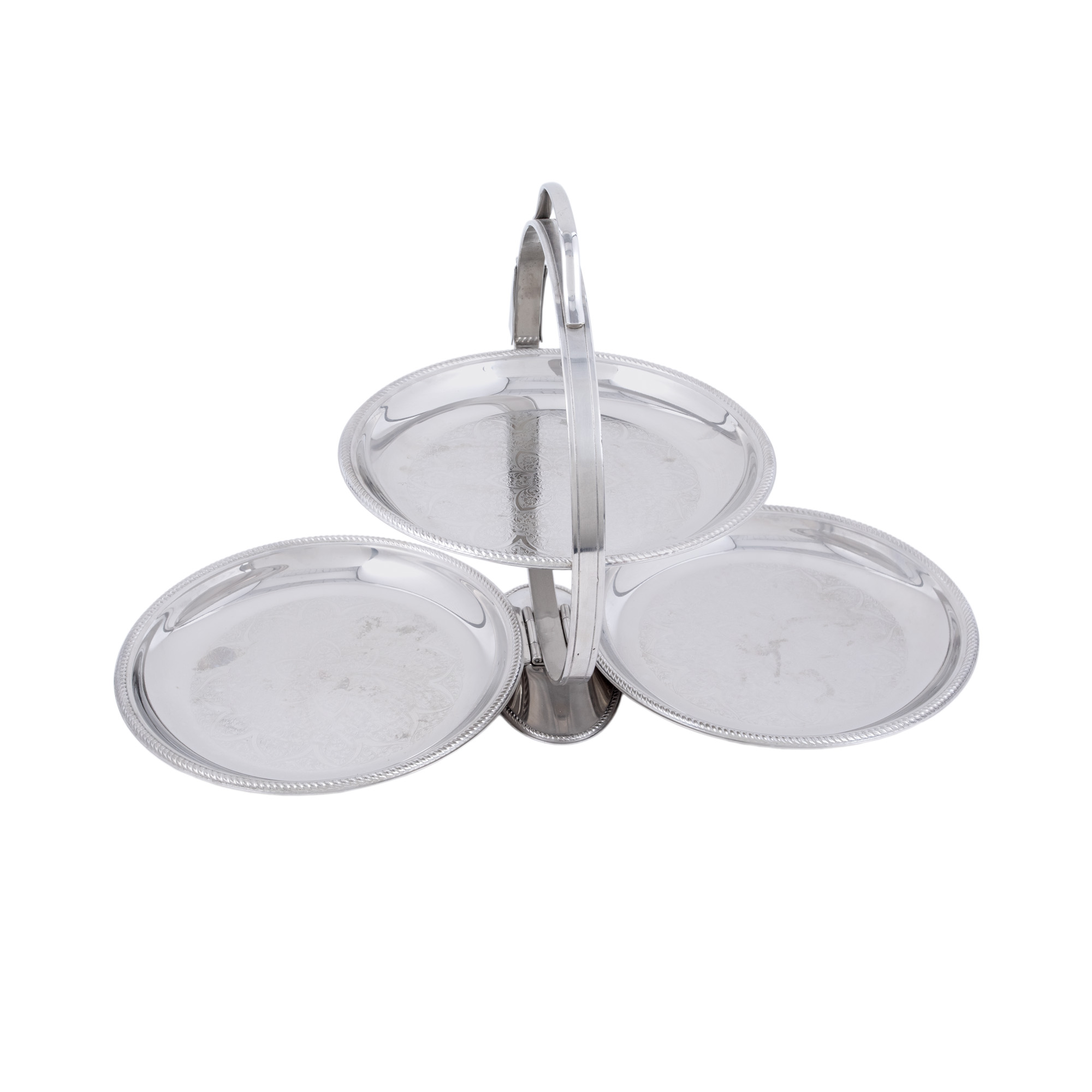 Set Alessi pentru servirea desertului, cu trei tăvițe gravate, pliabile, anii 1960