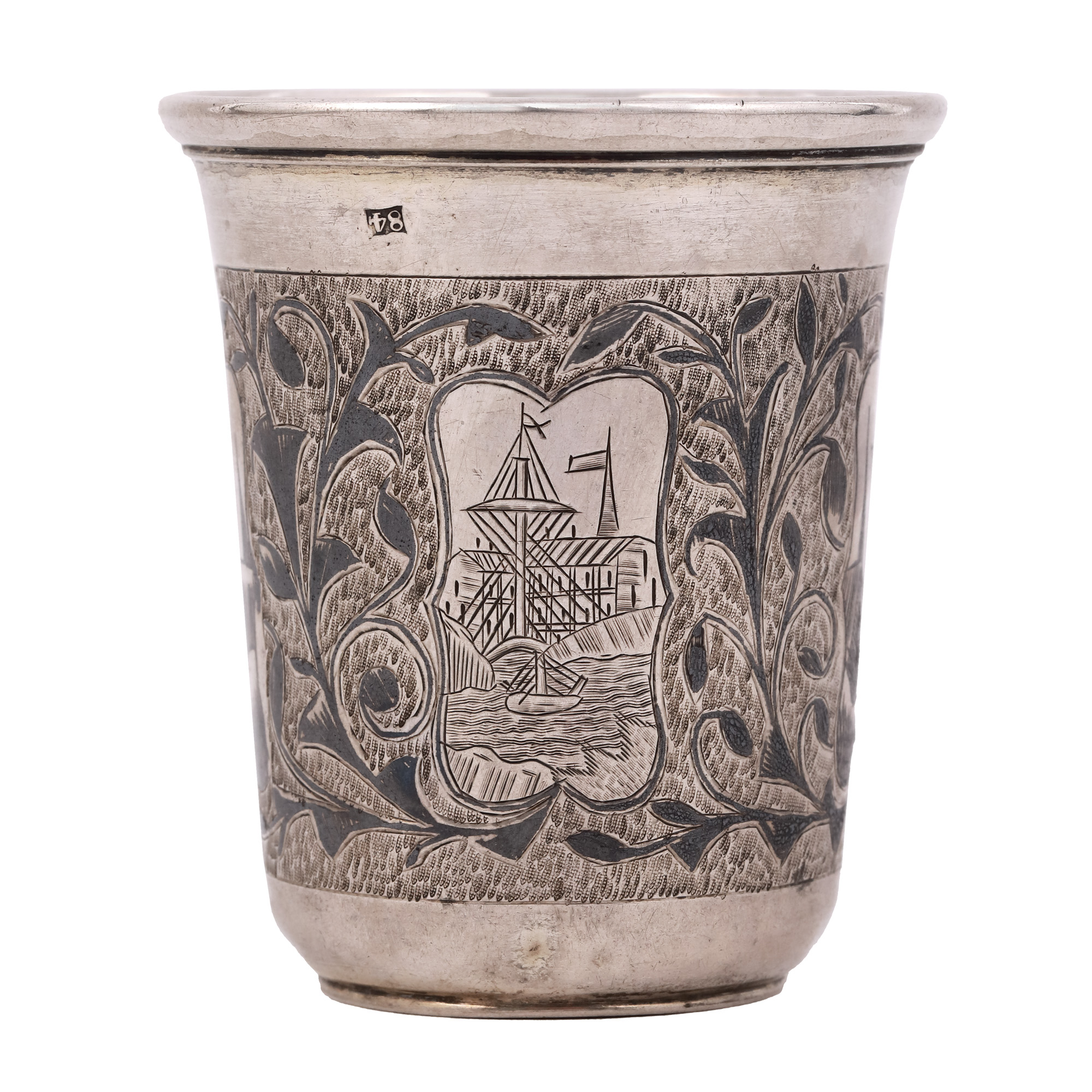 Pahar din argint rusesc, de botez, niello și gravură, decorat cu scenă de port, 1858