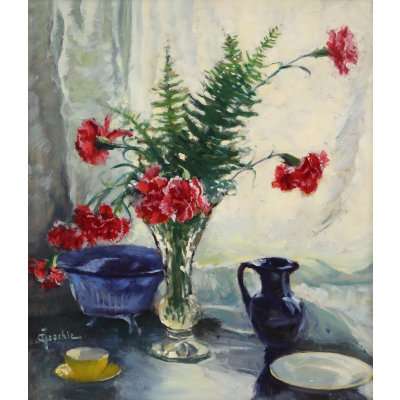 Still life with carnations and coffee cup