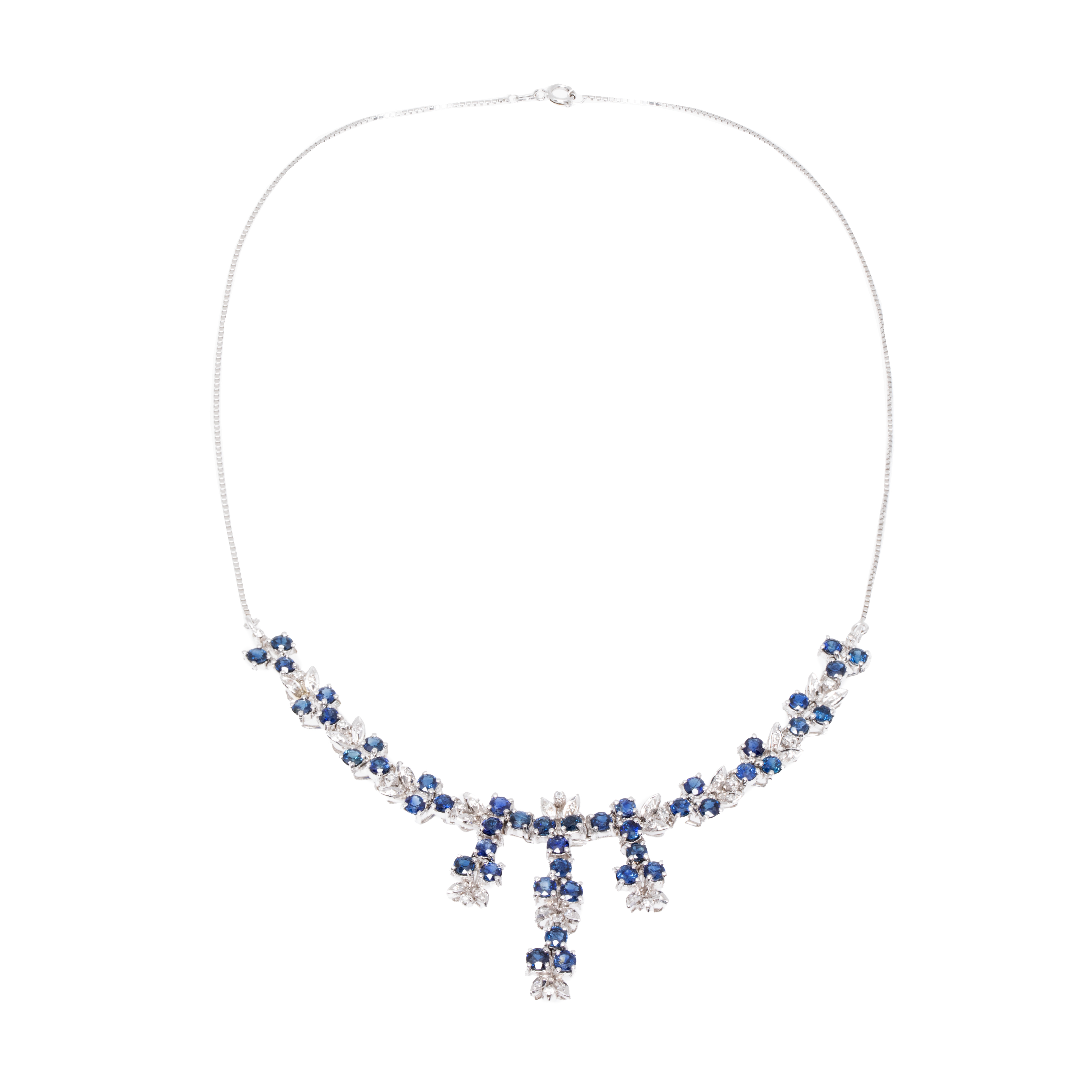 White gold necklace, in the shape of a flower garland, decorated with a multitude of sapphires and diamonds