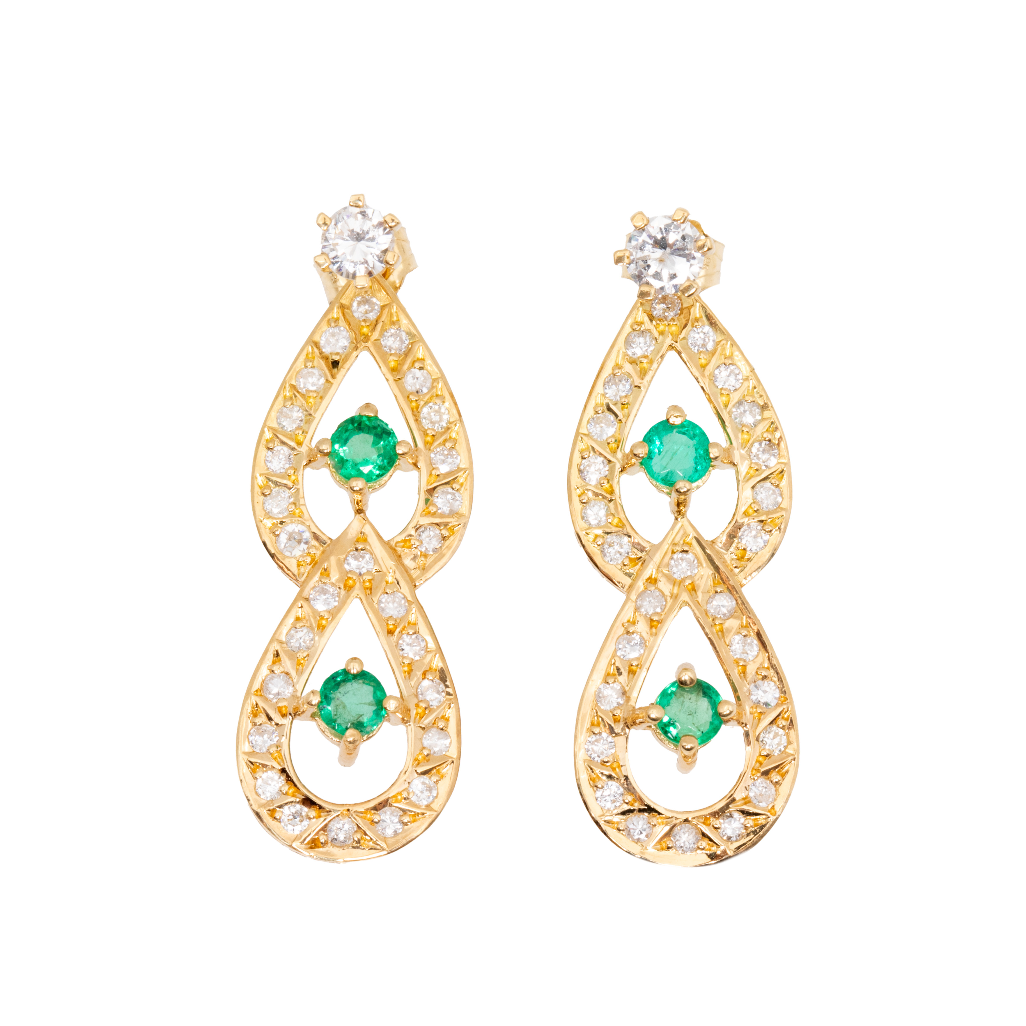 Pair of multifunctional gold earrings, decorated with diamonds and emeralds