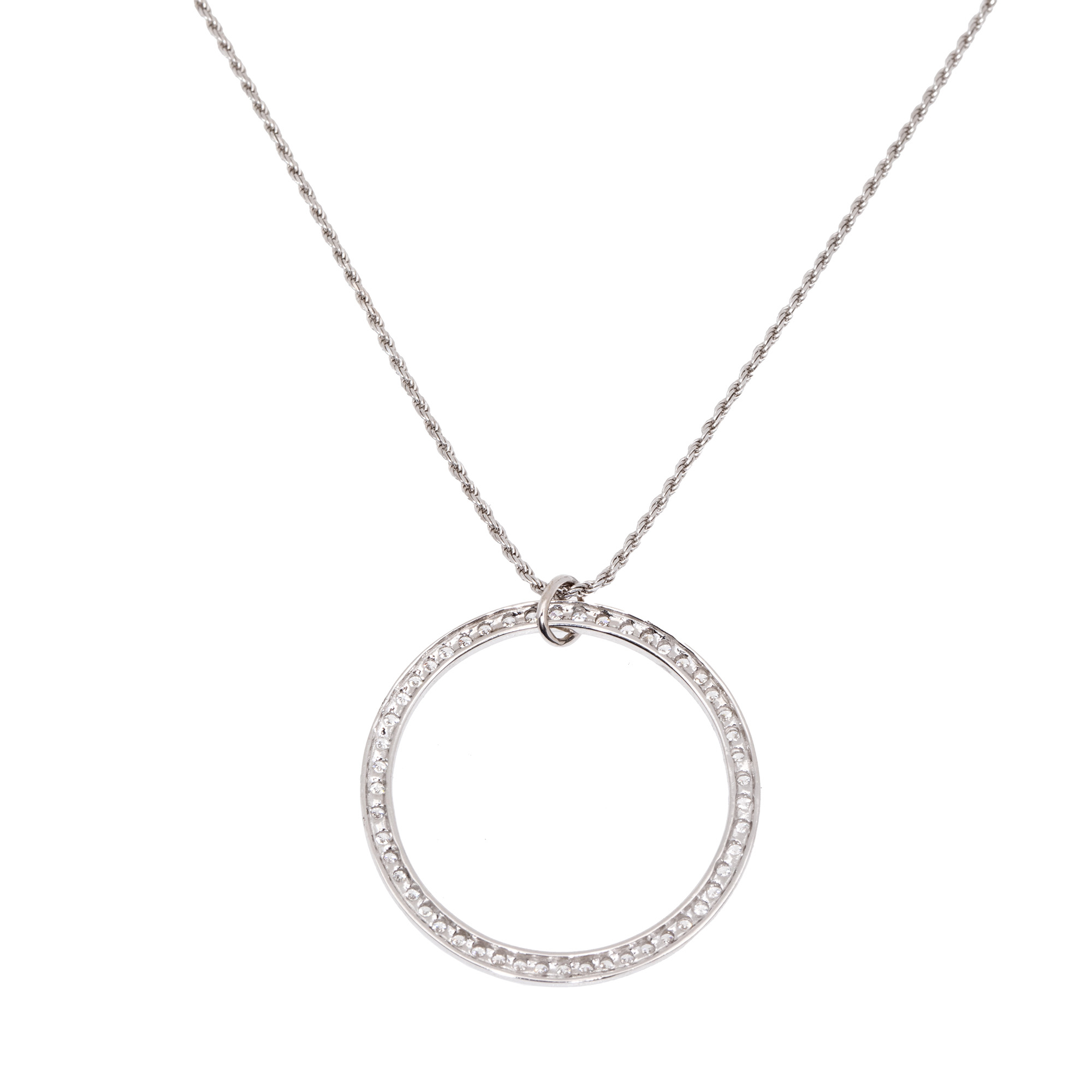 White gold chain with circular pendant, decorated with diamonds