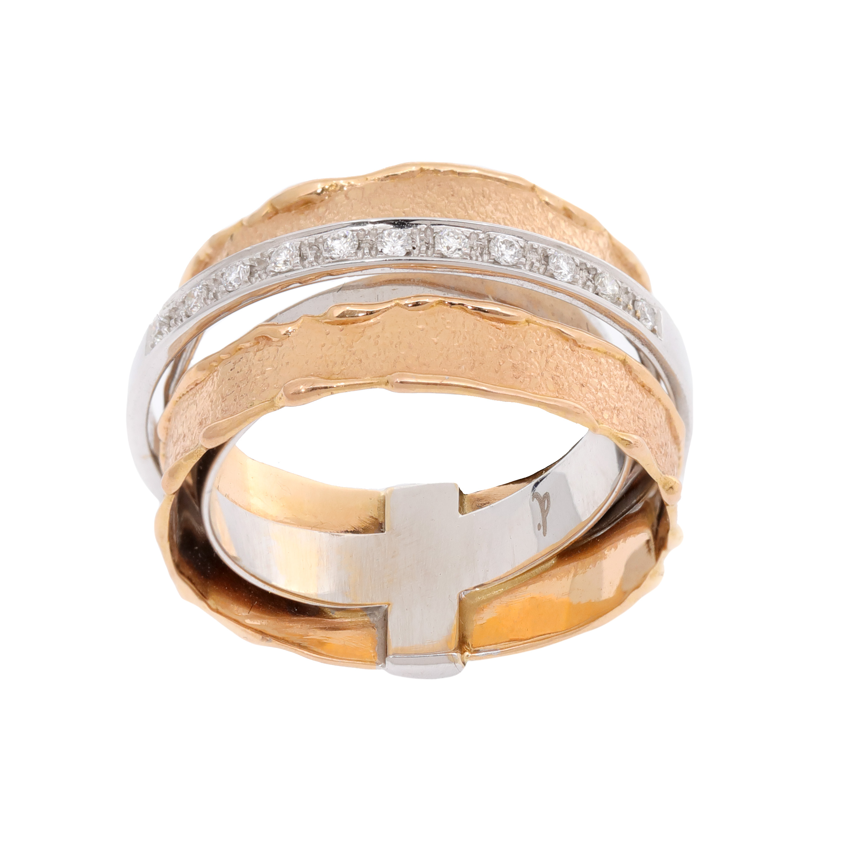 Bicolor gold ring, decorated with a row of diamonds