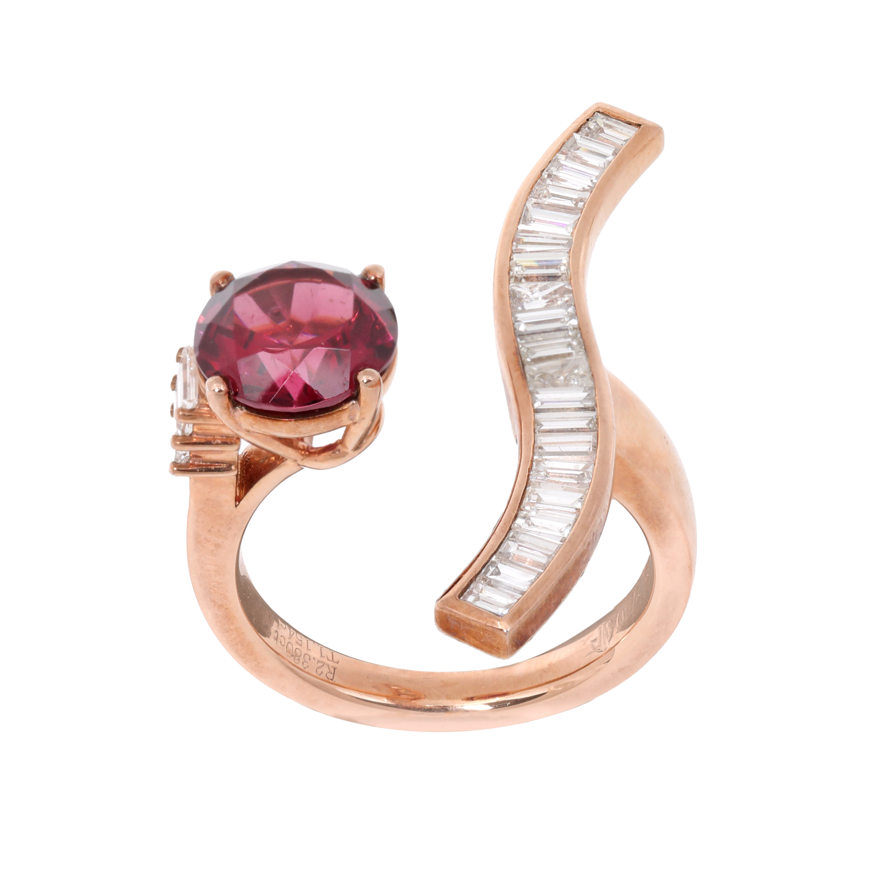 Gold Ring, Decorated with Baguette Diamonds and Garnet
