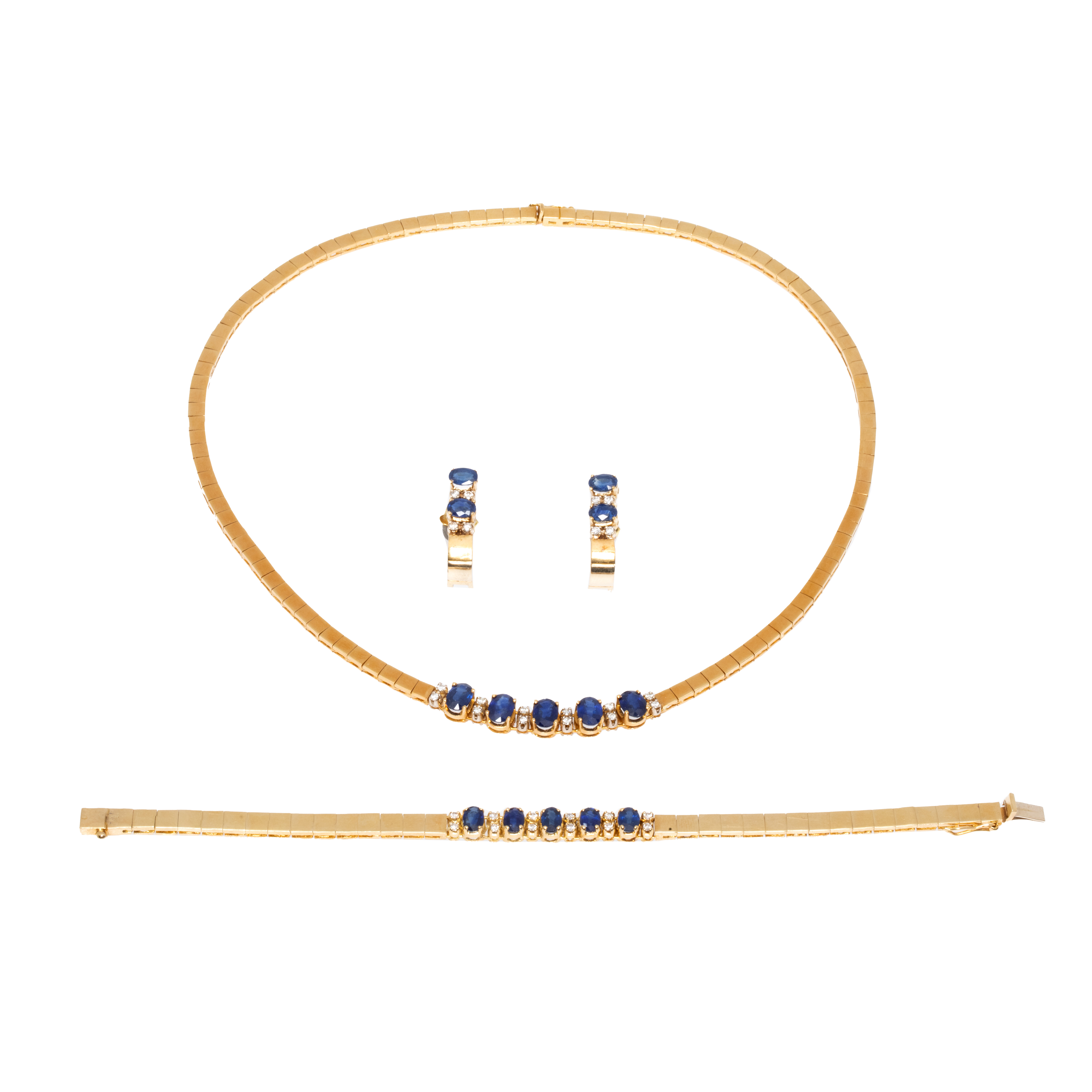 Gold set, consisting of necklace, bracelet and earrings, decorated with sapphires and diamonds