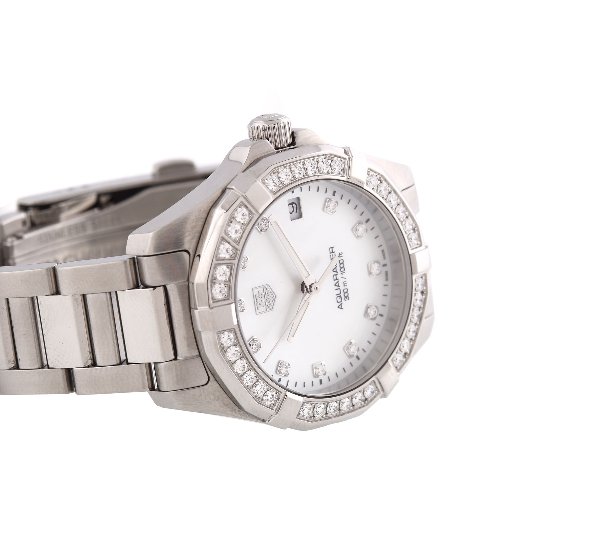 Ceas Tag Heuer Aqua Racer, de mână, de damă, decorat cu diamante, în cutie originală și însoțit de documente de autenticitate