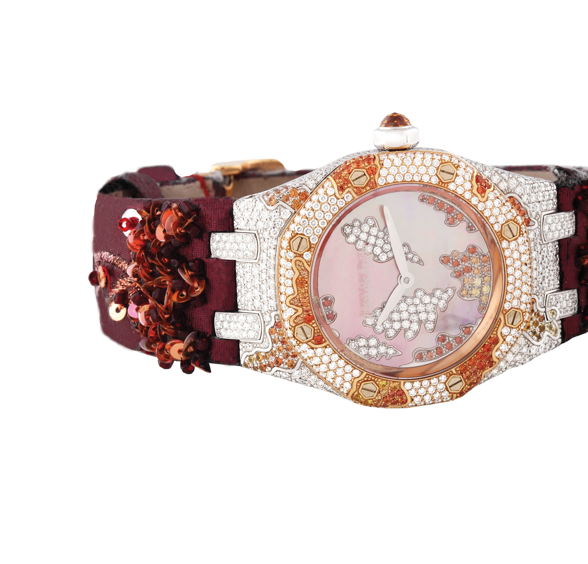 Ceas Audemars Piguet Royal Oak Leaves, de mână, de damă, din aur alb și aur roz, pavat cu diamante și safire