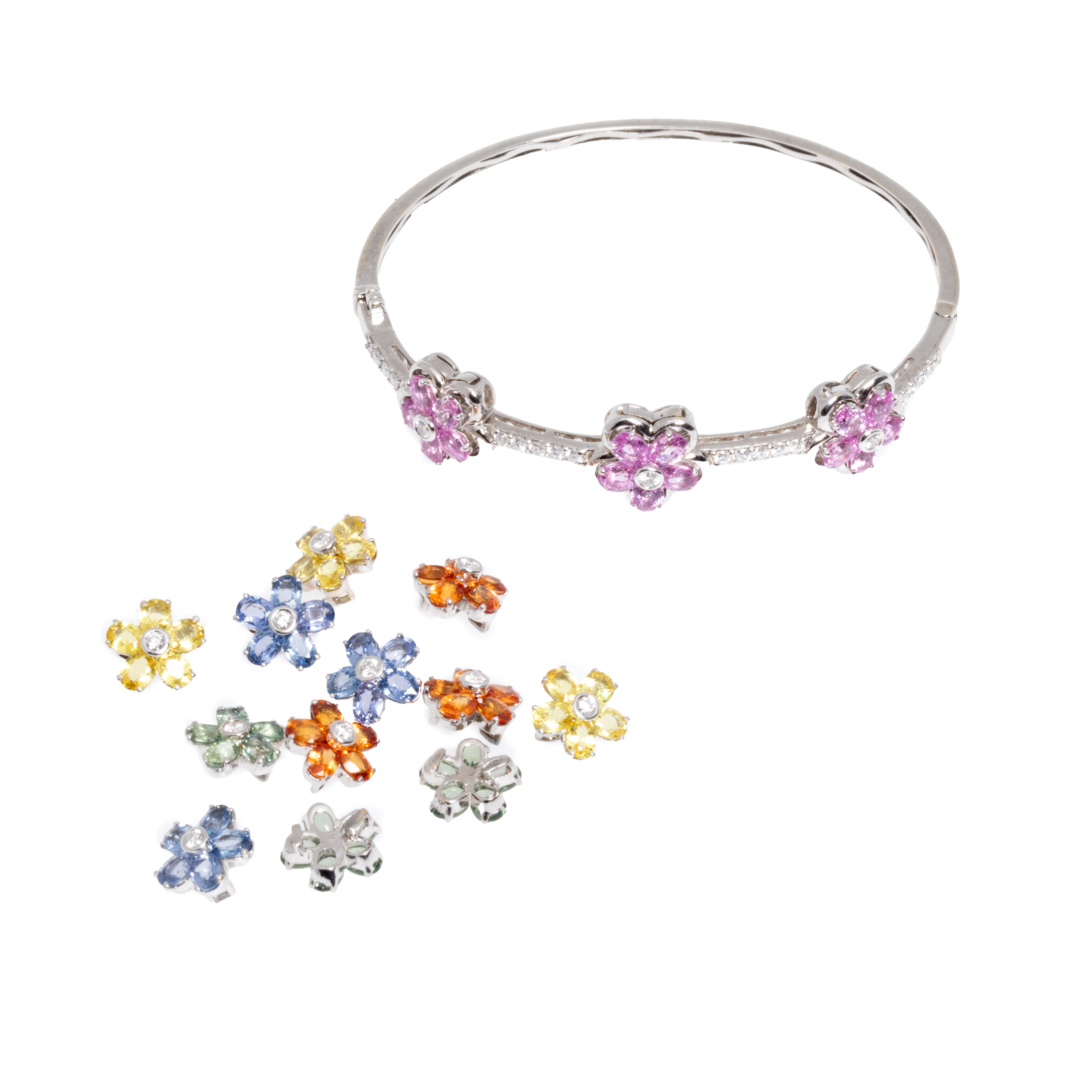 Fixed white gold bracelet, decorated with diamonds and multicolored sapphires (the flowers can be changed)