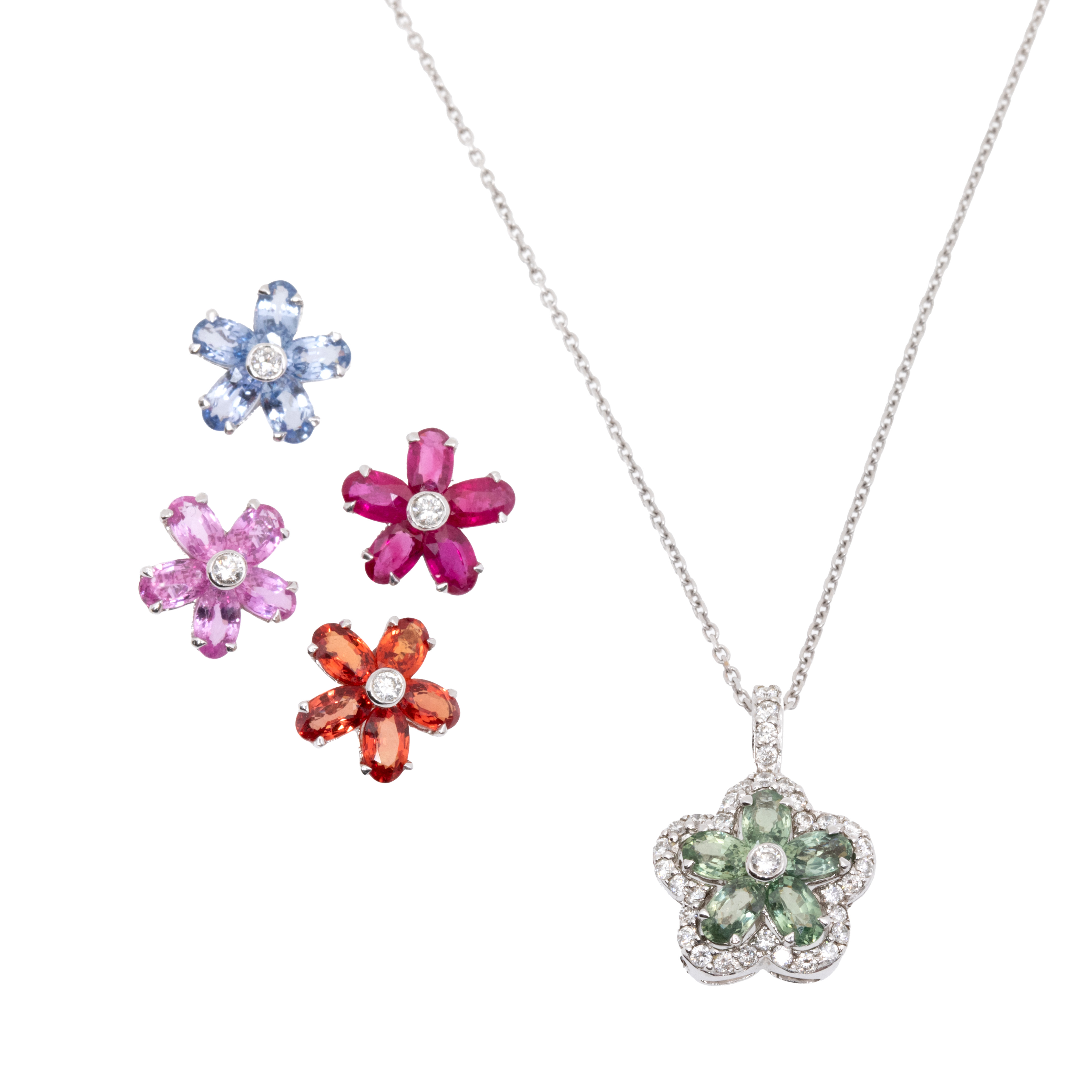 Lanț cu pandantiv din aur bicolor, în formă de floare, decorat cu pietre multicolore și diamante (petalele florilor interșanjabile)