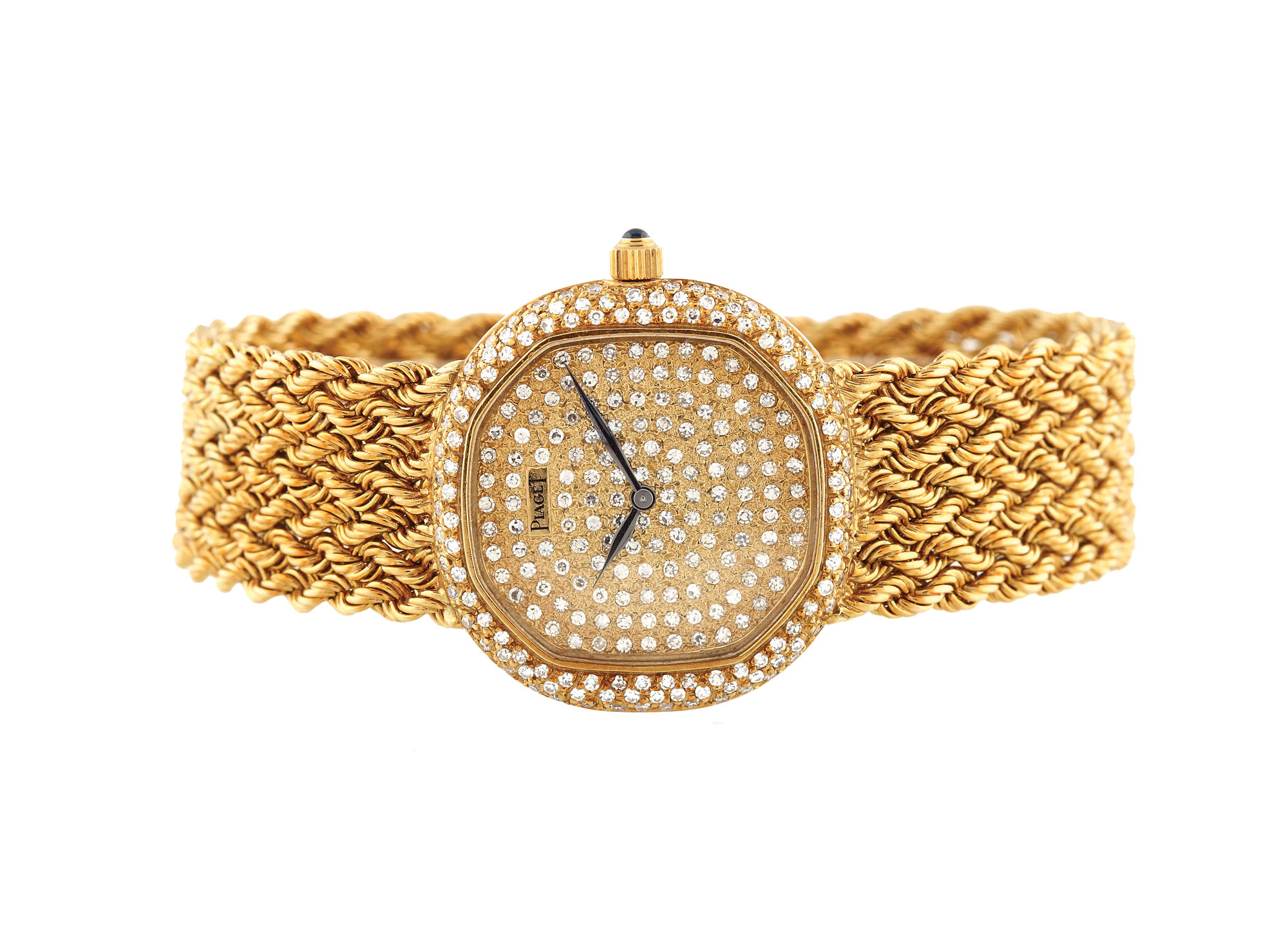 Ceas Piaget, de mână, de damă, din aur, cu bezelul şi cadranul amplu pavate cu diamante, însoţit de acte originale şi certificat de provenienţă
