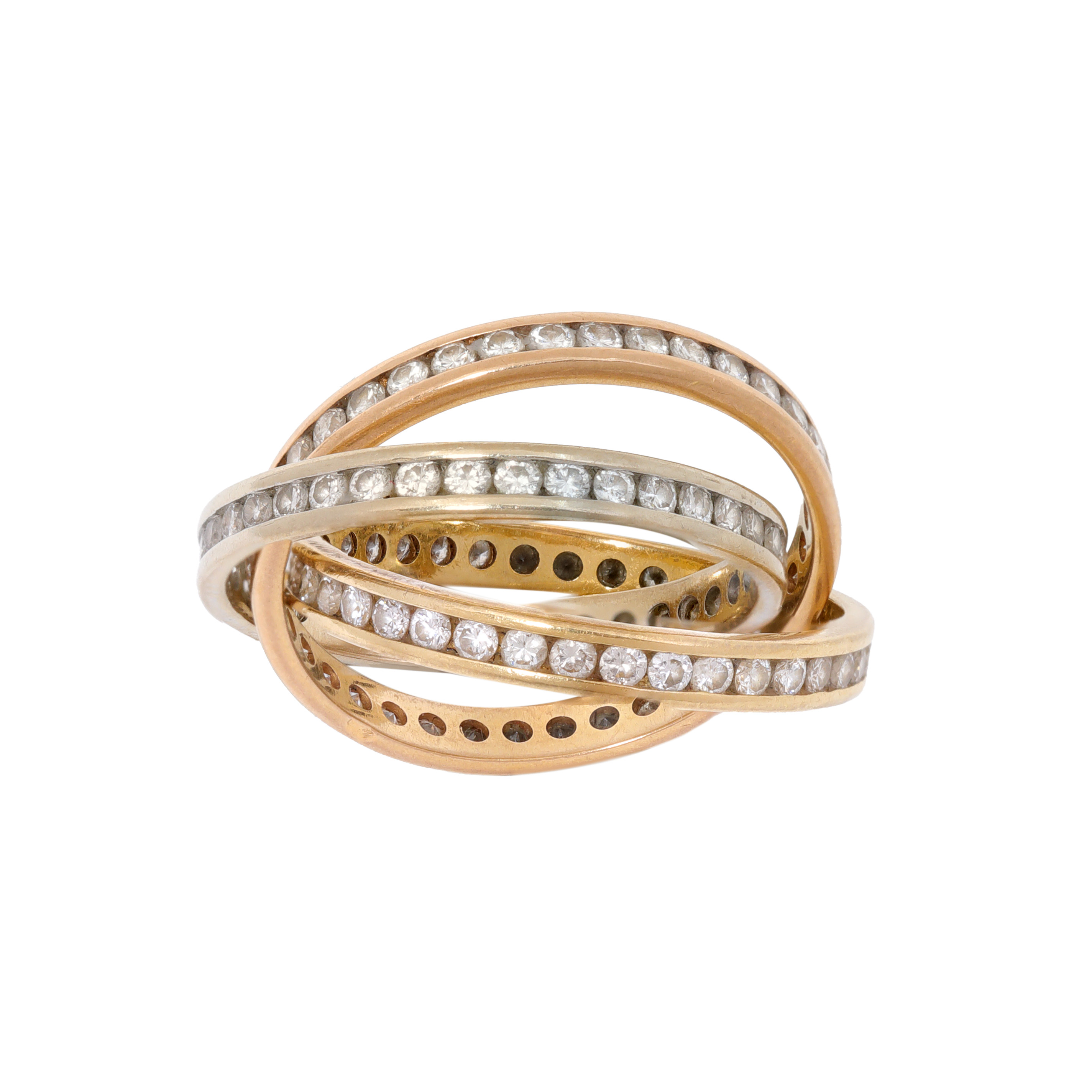 Mobile ring made from three types of gold, paved with diamonds