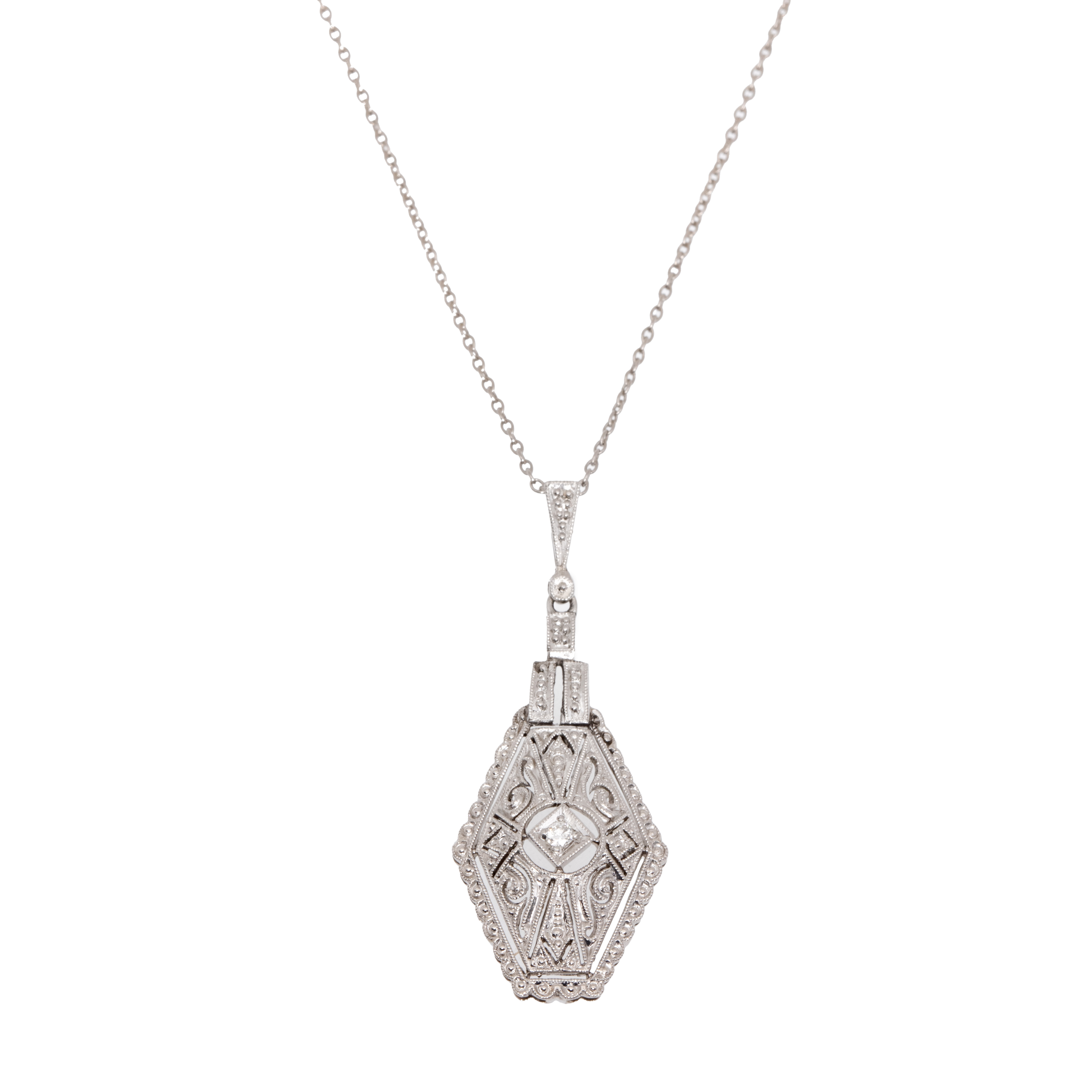 Lanț cu pandantiv Art Deco, din aur alb, decorat cu un diamant, cca. 1920-1930