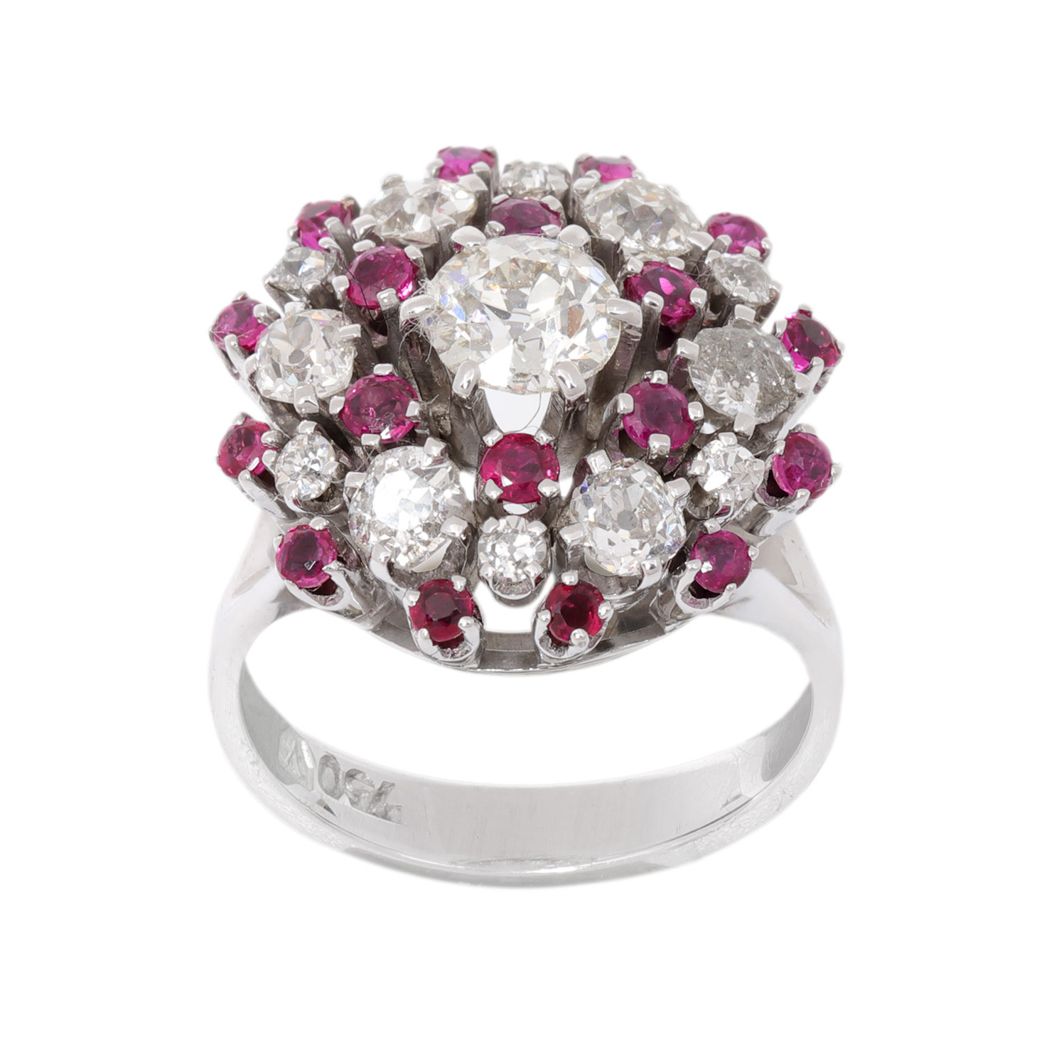 White gold ring, decorated with rubies and diamonds
