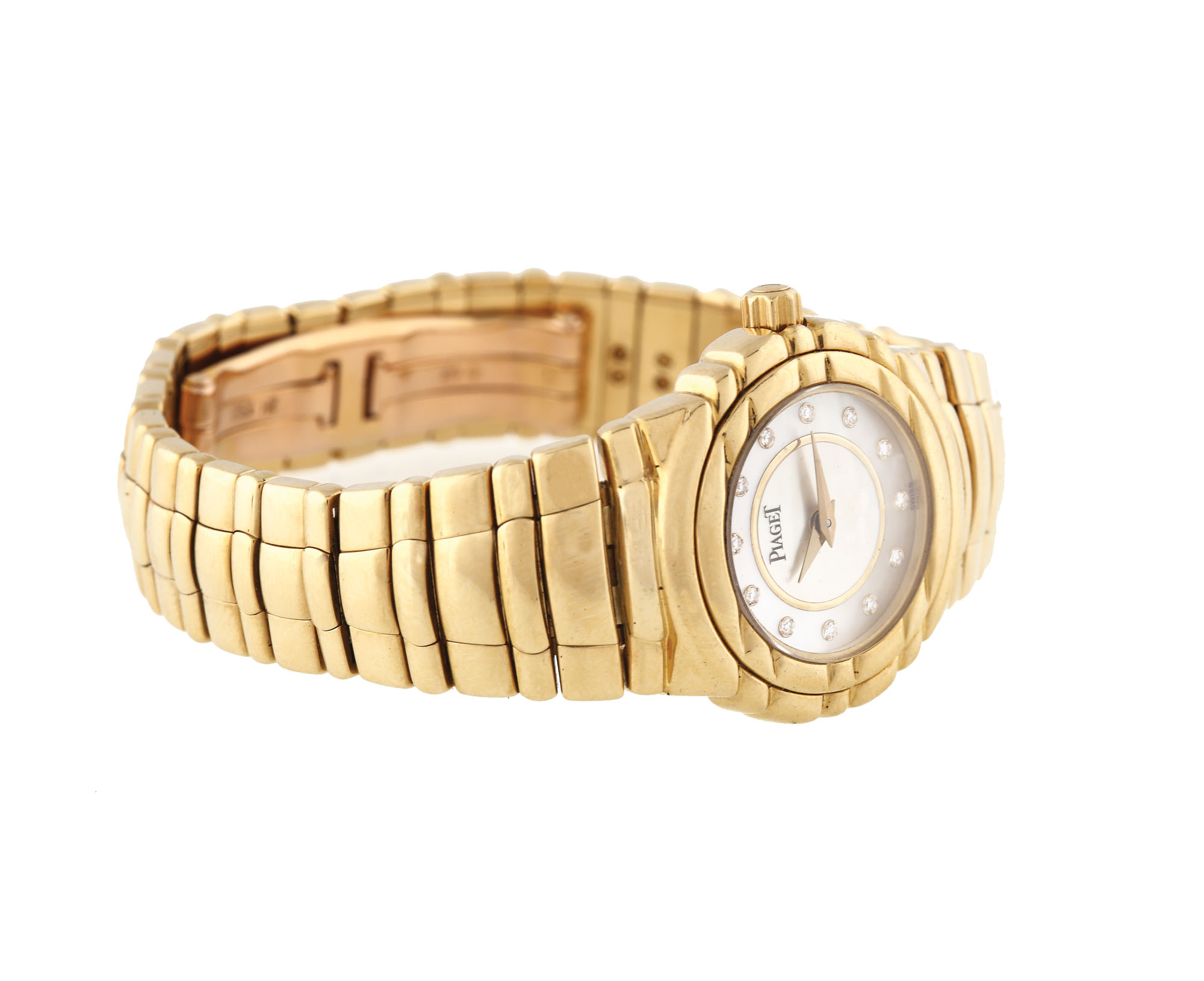 Ceas Piaget Tanagra de mână, de damă, din aur, decorat cu sidef și diamante