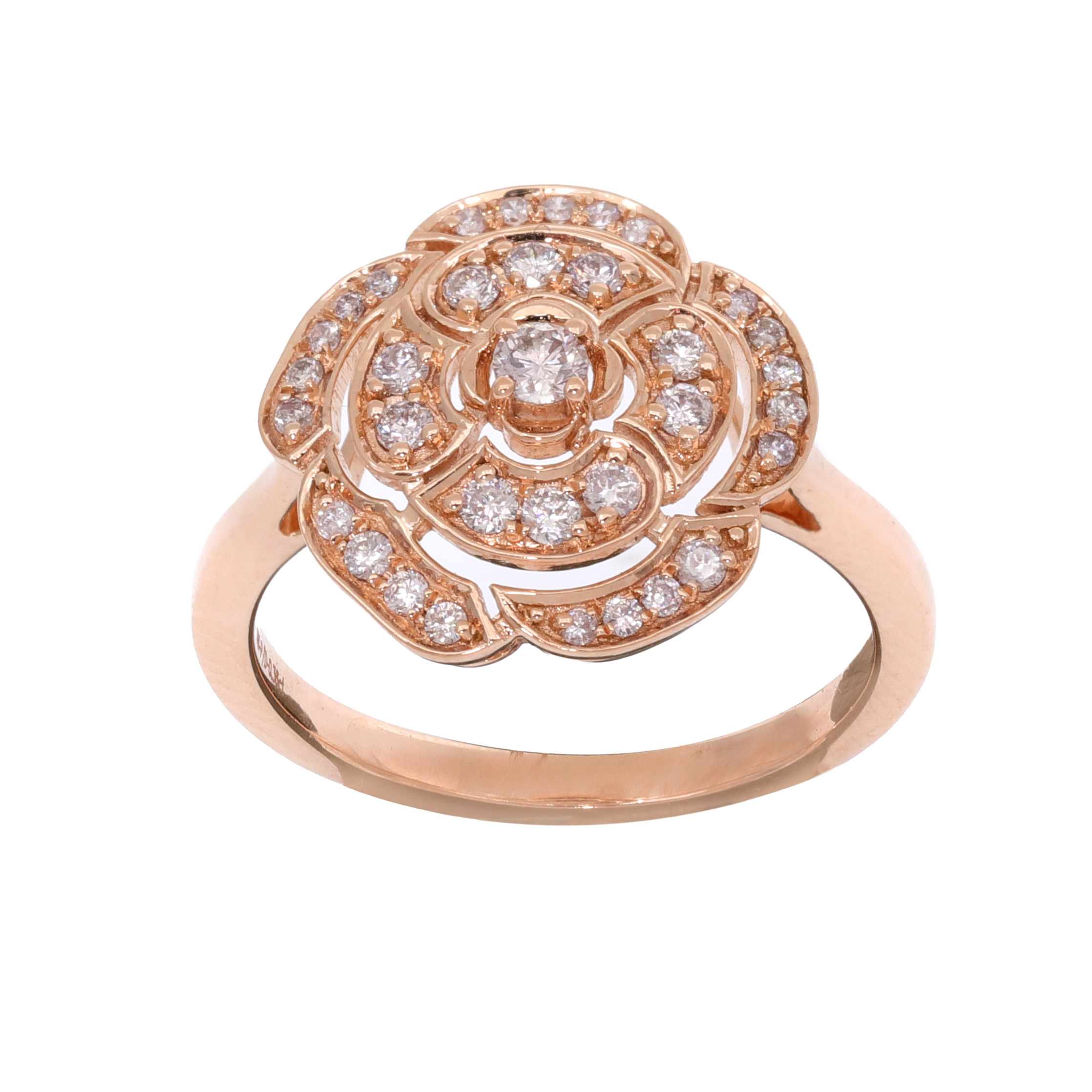 Pink gold ring in the shape of a flower, decorated with diamonds