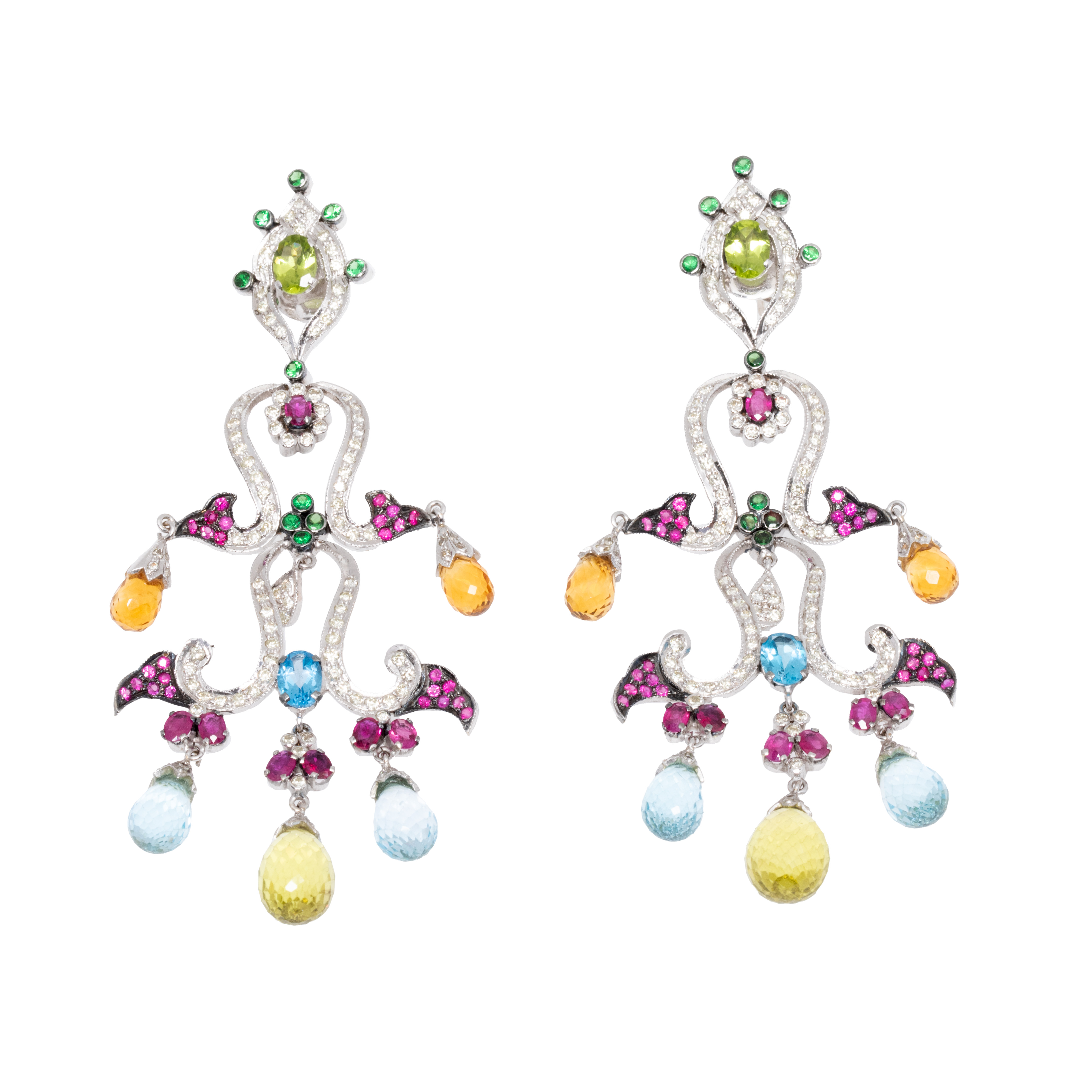 Pair of white gold earrings, decorated with diamonds and cocktail of semi-precious stones