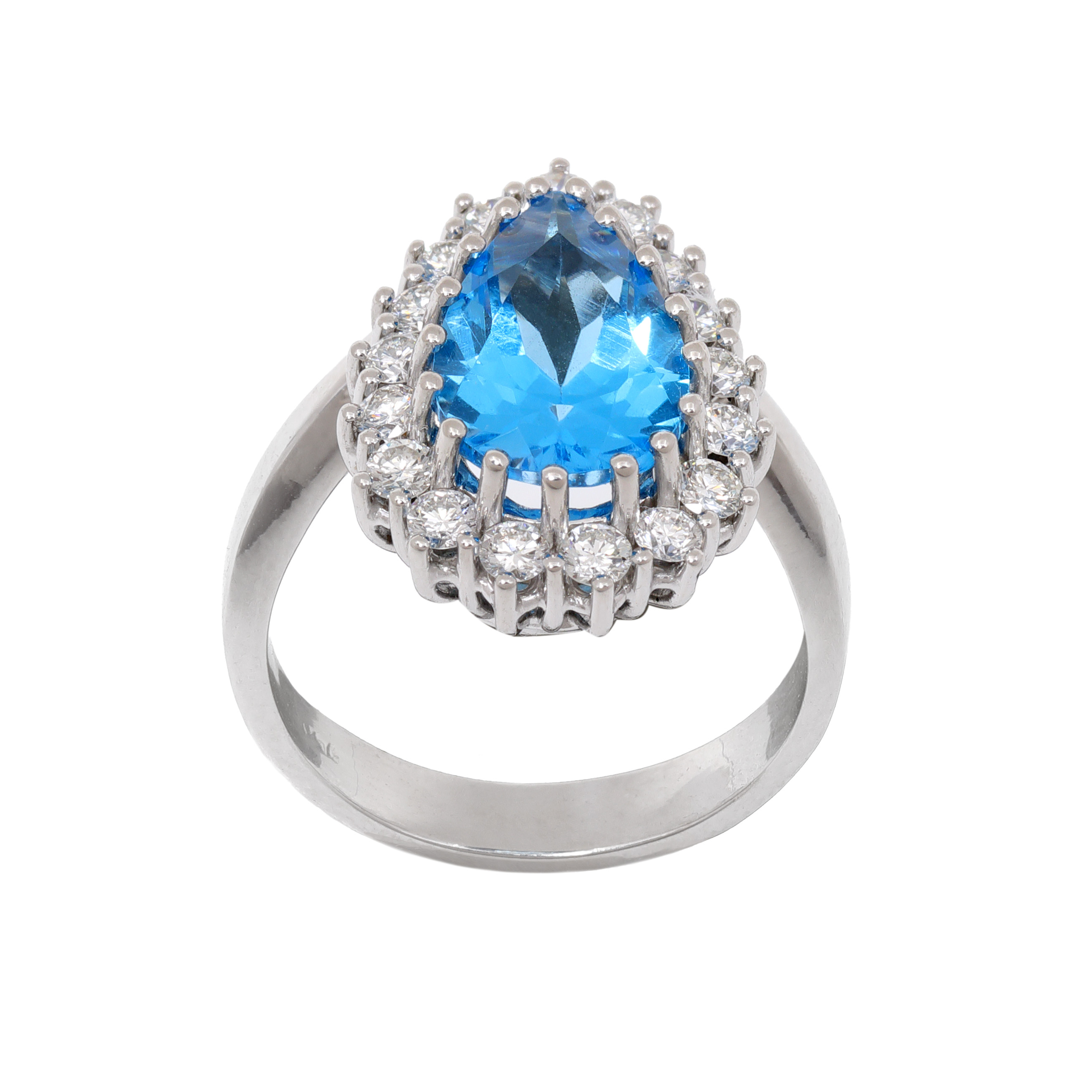 Inel din aur alb, decorat cu topaz London Blue, anturat de diamante