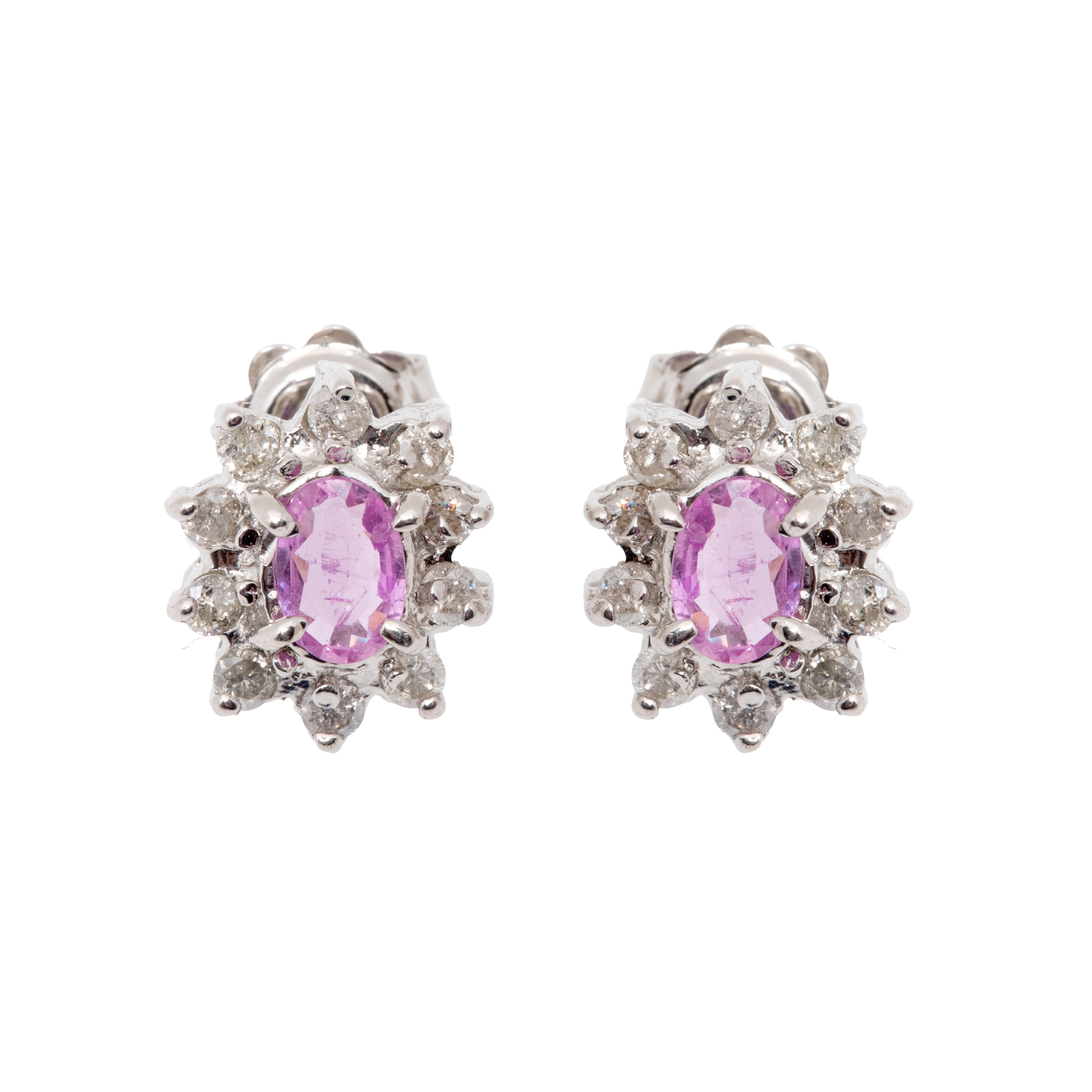 Pair of white gold earrings, decorated with pink sapphires, surrounded by diamonds