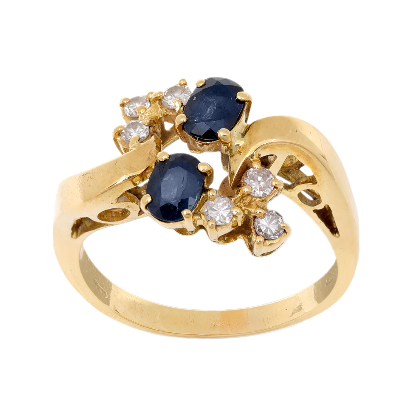 Gold ring, decorated with two sapphires and six diamonds