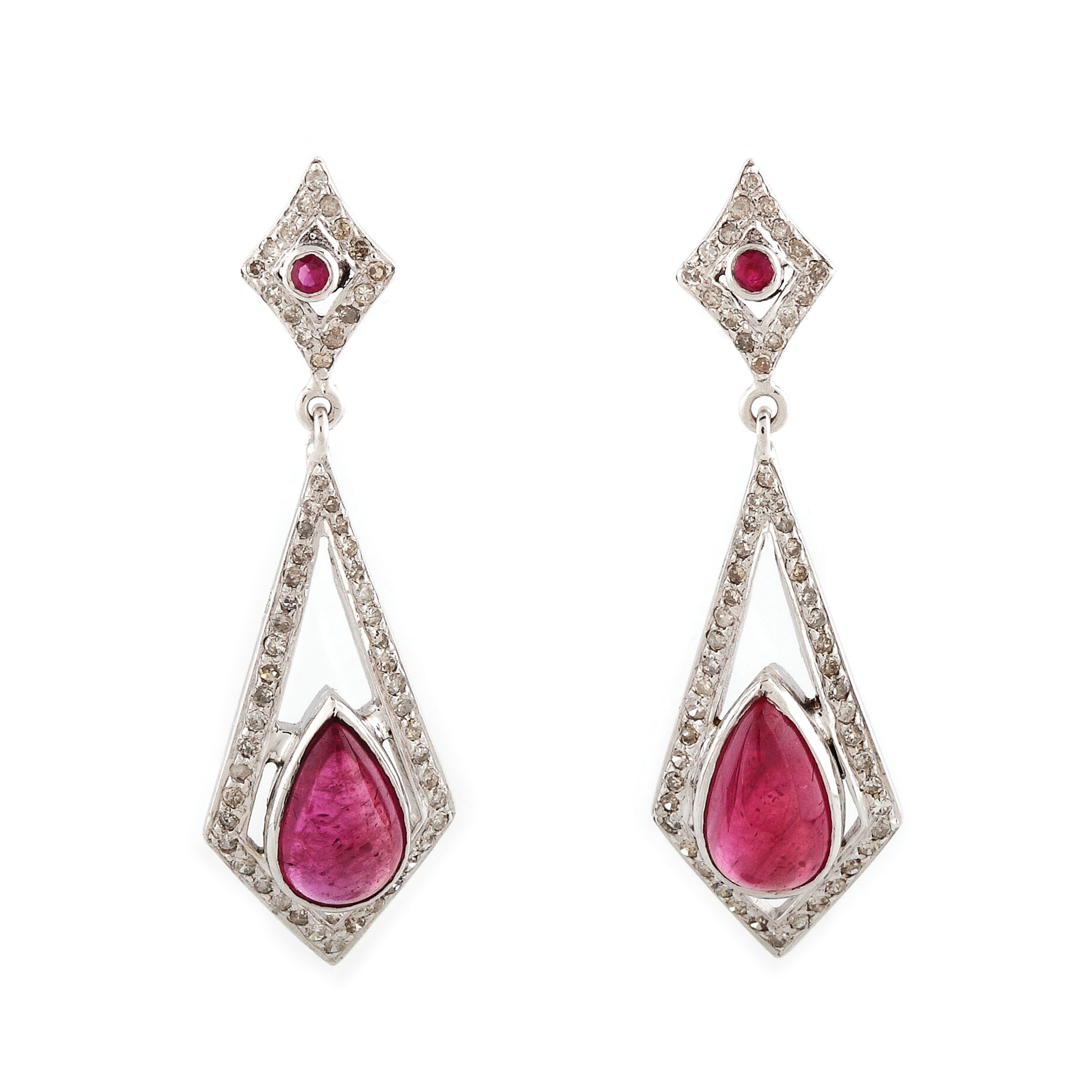Elegant pair of gold and silver earrings, decorated with rubies and diamonds